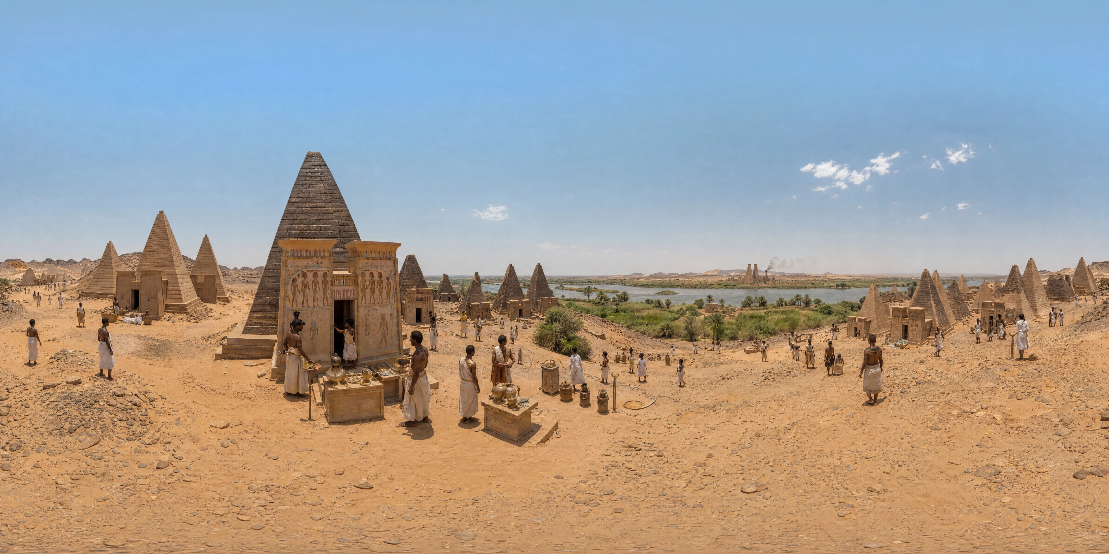Panoramic scene depicting Pyramids of Meroë (3rd century BC), Pyramids of Meroë, Nile.