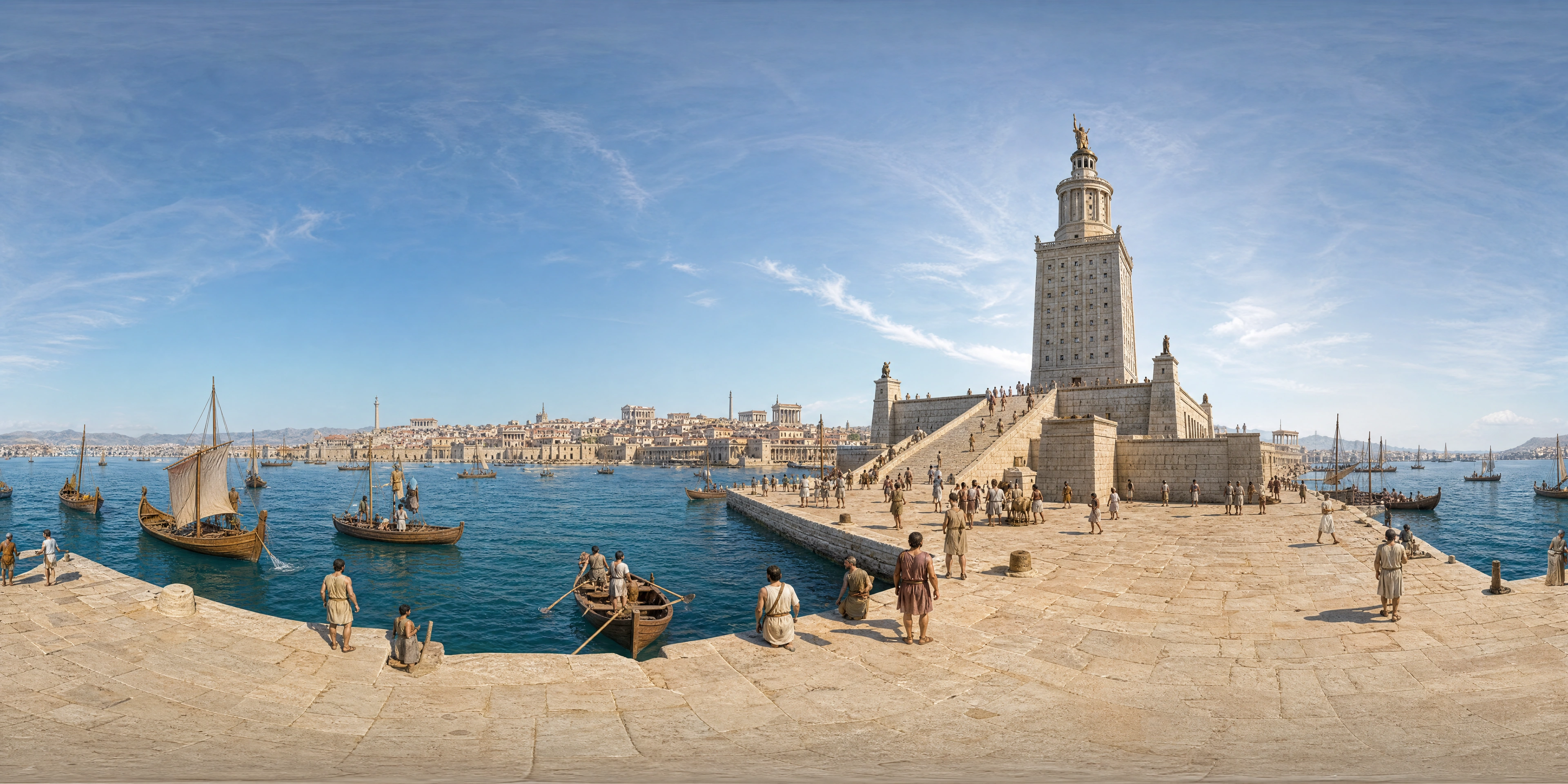 Panoramic scene depicting Pharos lighthouse, Great Harbour of Alexandria (3rd century BC), Pharos Island (Great Harbour).