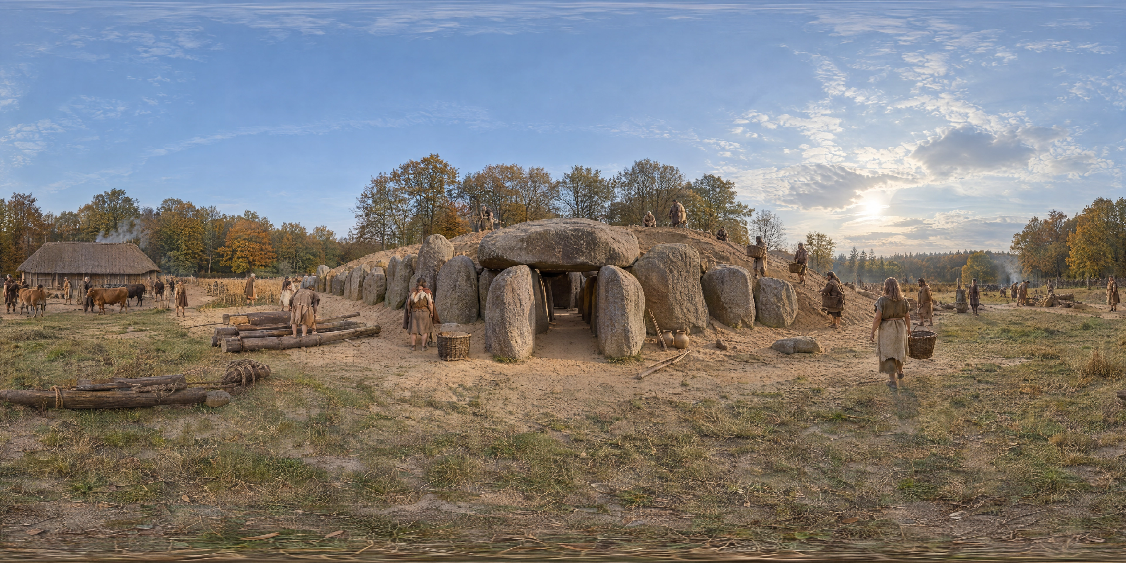 Panoramic scene depicting Hunebed D27, Borger (34th century BC), Beside the southern entrance of hunebed D27 on the Hondsrug ridge, Borger, Drenthe.
