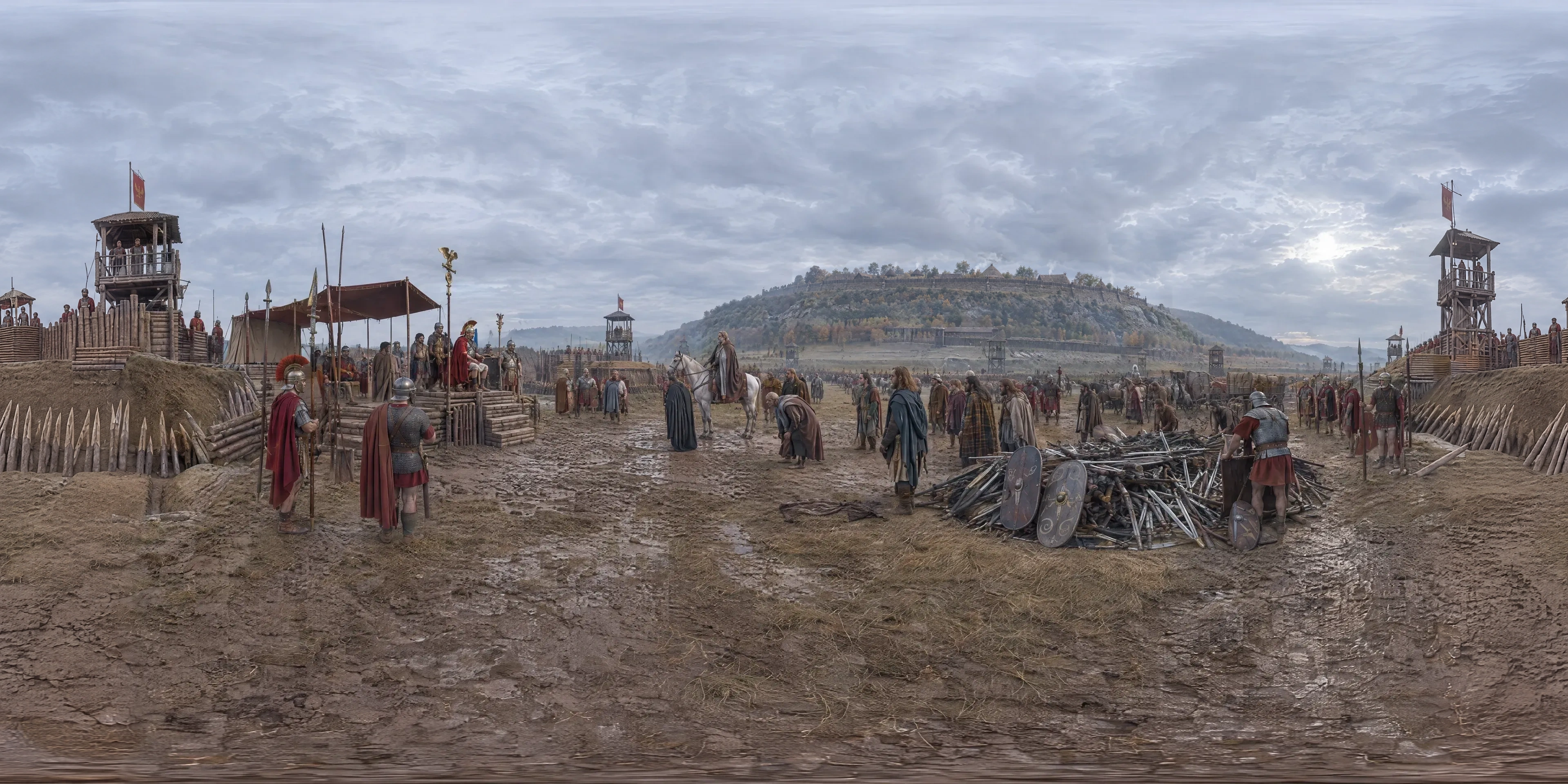 Panoramic scene depicting Alésia, Mont Auxois (52 BC), Roman siege lines on the plain of Les Laumes, facing the oppidum on Mont Auxois (Alise-Sainte-Reine), Burgundy.
