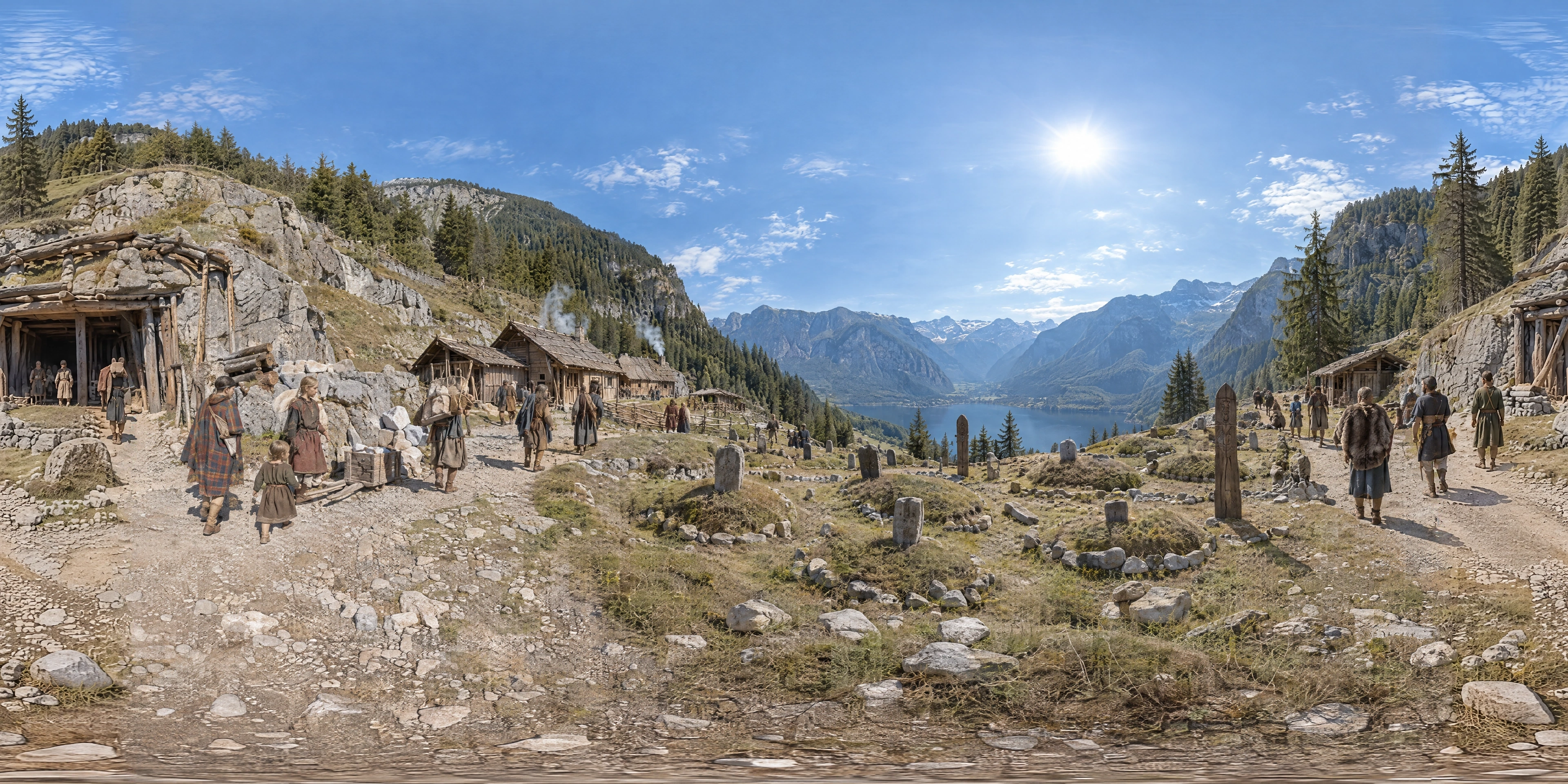 Panoramic scene depicting Salzberg High Valley, Hallstatt (7th century BC), Salzberg high valley above Lake Hallstatt, beside the Iron Age cemetery, Salzkammergut.