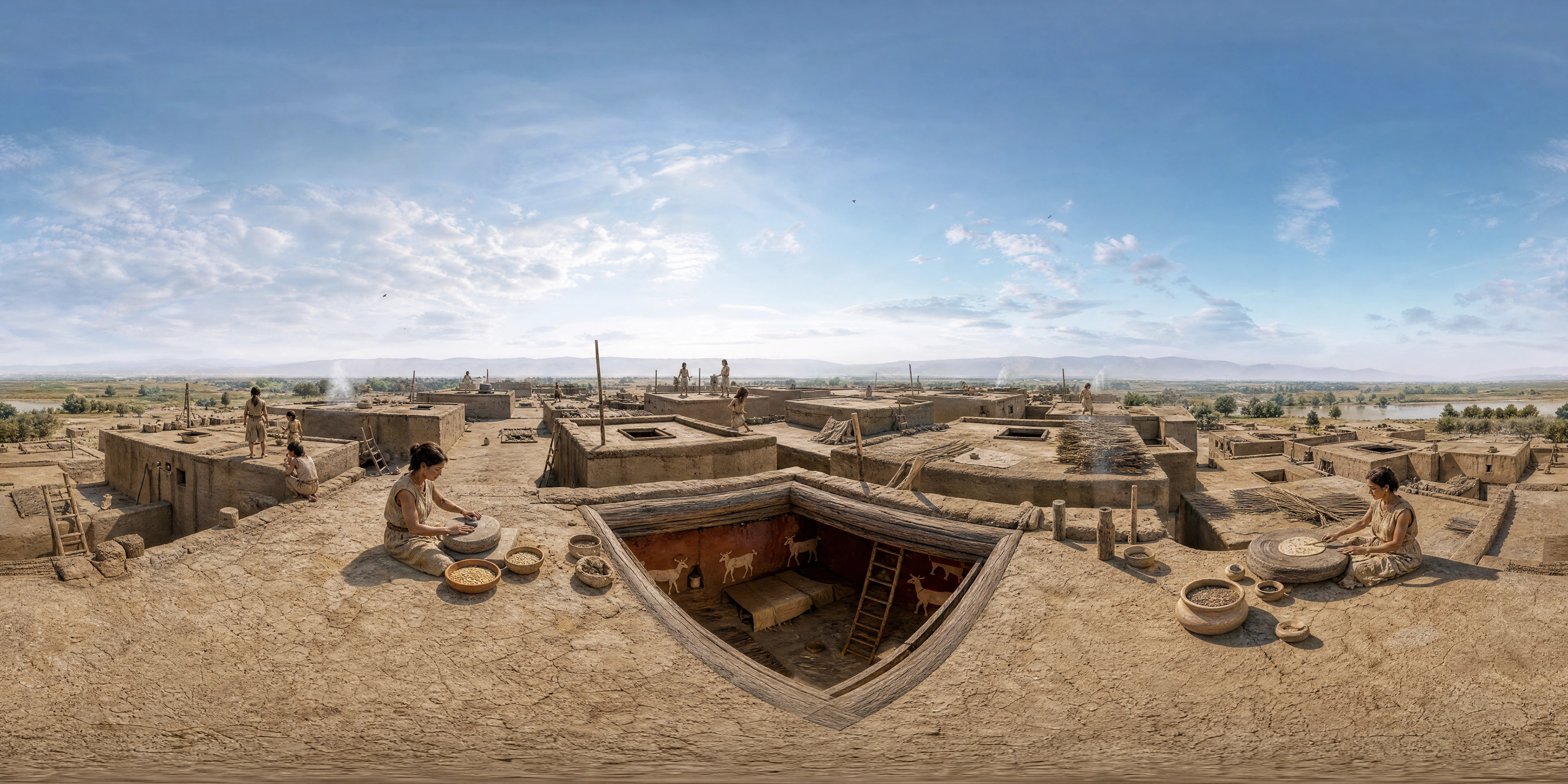 Panoramic scene depicting Çatalhöyük (70th century BC), Çatalhöyük.