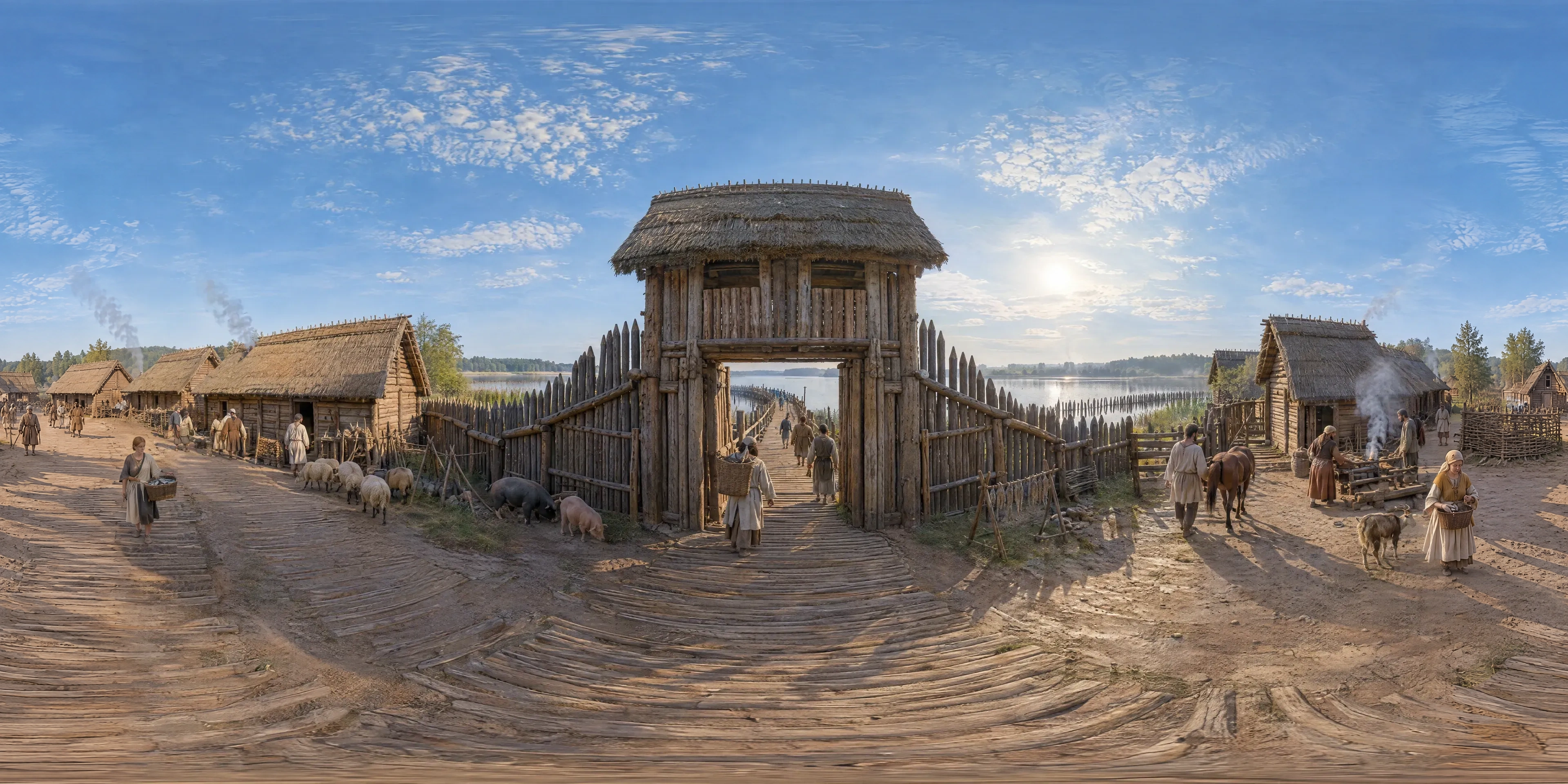 Panoramic scene depicting Biskupin Fortified Settlement (730s BC), Lusatian island settlement in Lake Biskupin, Pałuki, north of Gniezno.