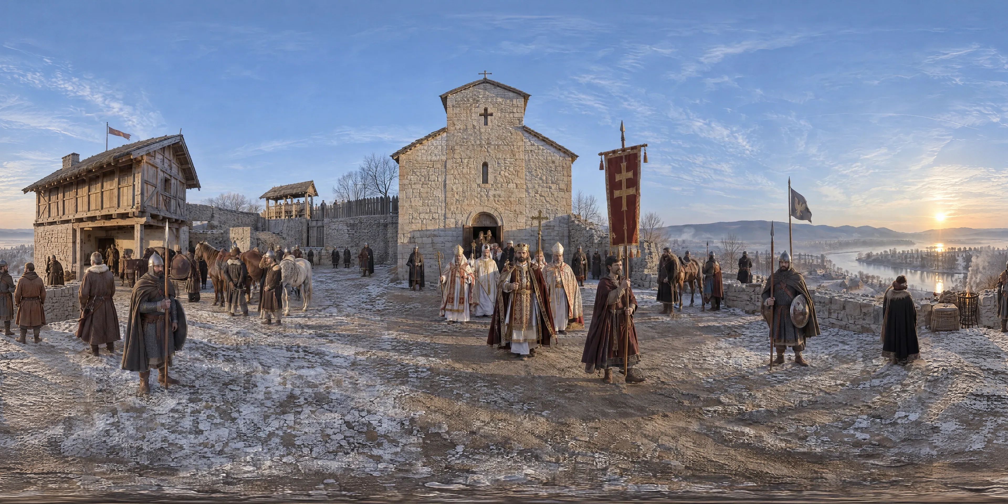 Panoramic scene depicting Castle Hill of Esztergom (1000), Summit of the Castle Hill by the church of St Stephen the Protomartyr, Esztergom.