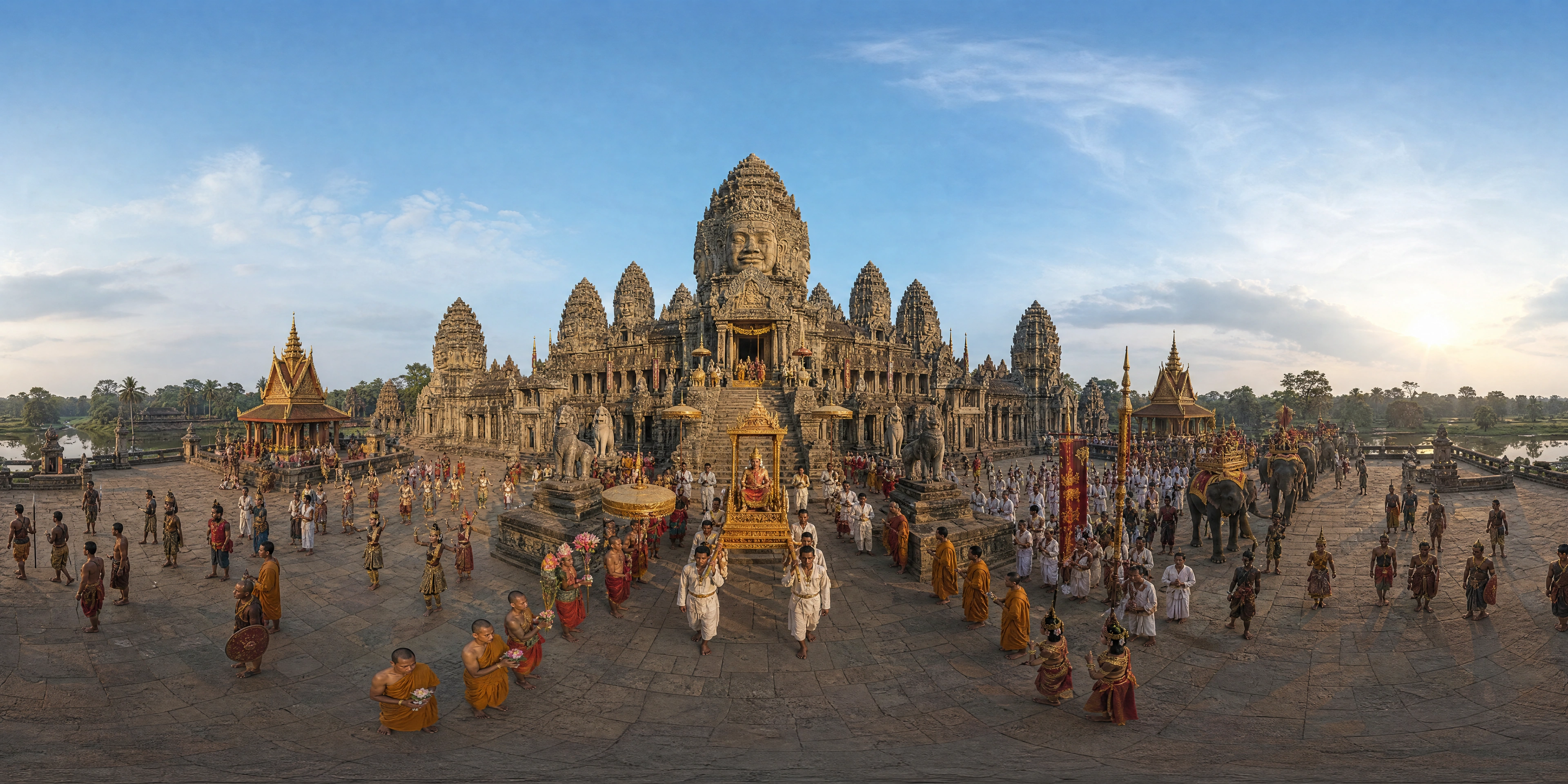 Panoramic scene depicting Bayon temple, Angkor Thom (1200s), Bayon temple, Angkor Thom.