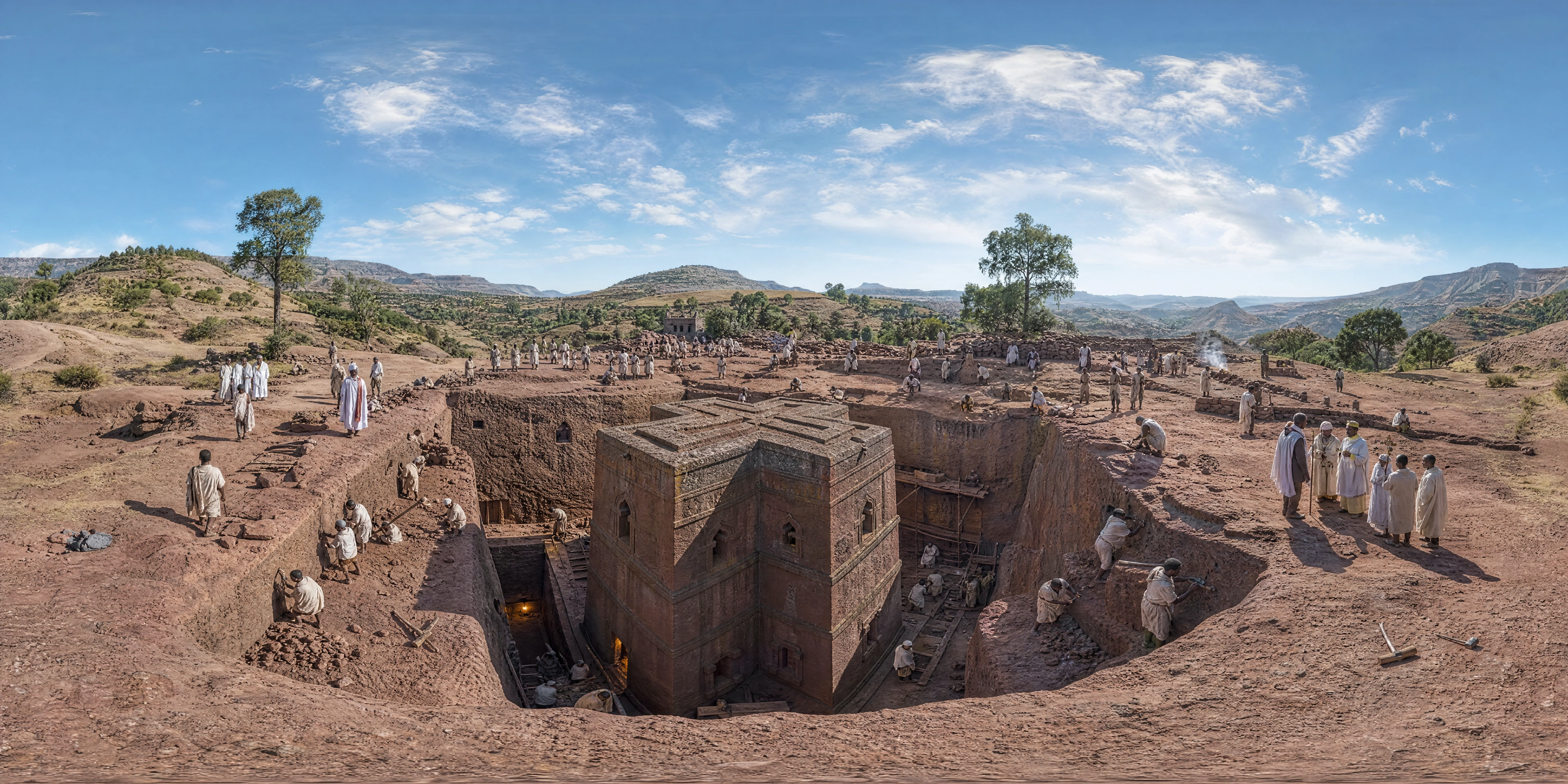 Panoramic scene depicting Lalibela, Ethiopia (12th century AD), Lalibela, Ethiopia.