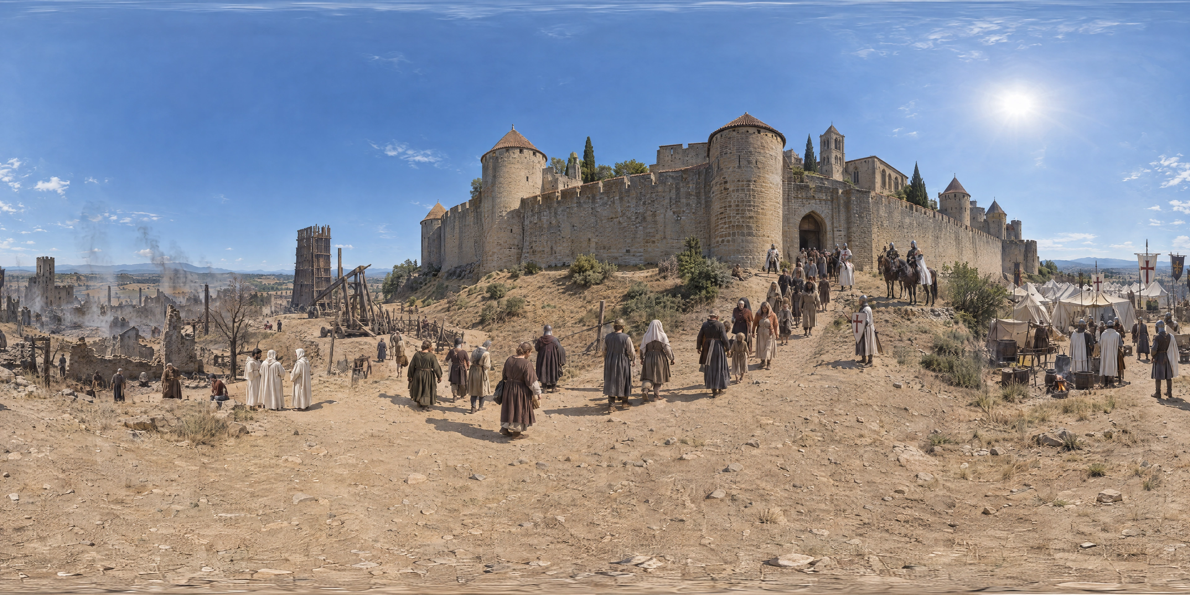 Panoramic scene depicting Cité de Carcassonne (1209), Slope below the eastern gate of the Cité of Carcassonne, between the burned suburbs, Aude.
