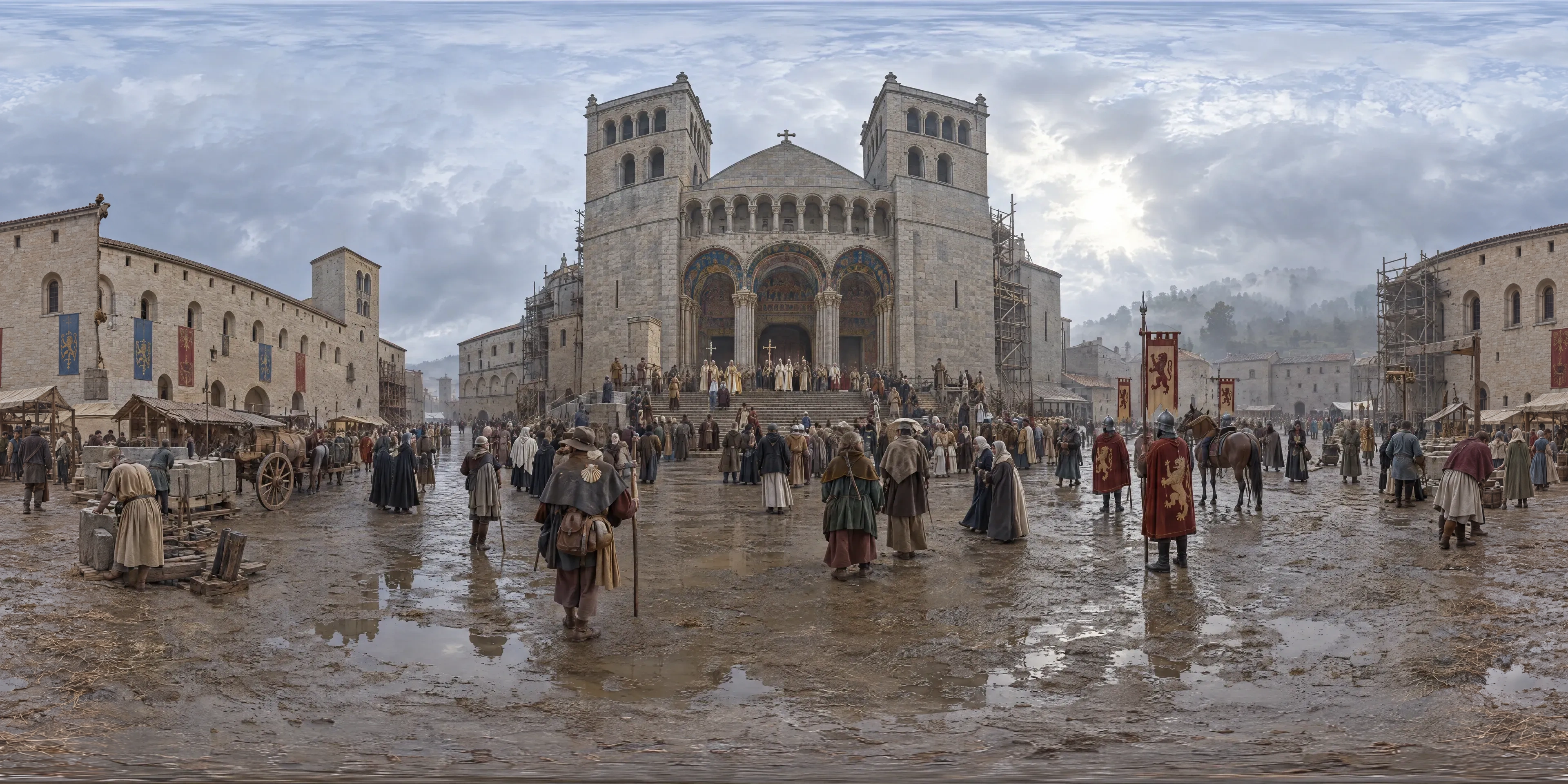 Panoramic scene depicting Cathedral of Santiago de Compostela (1211), Square before the west front of the cathedral, today's Praza do Obradoiro, Santiago de Compostela.