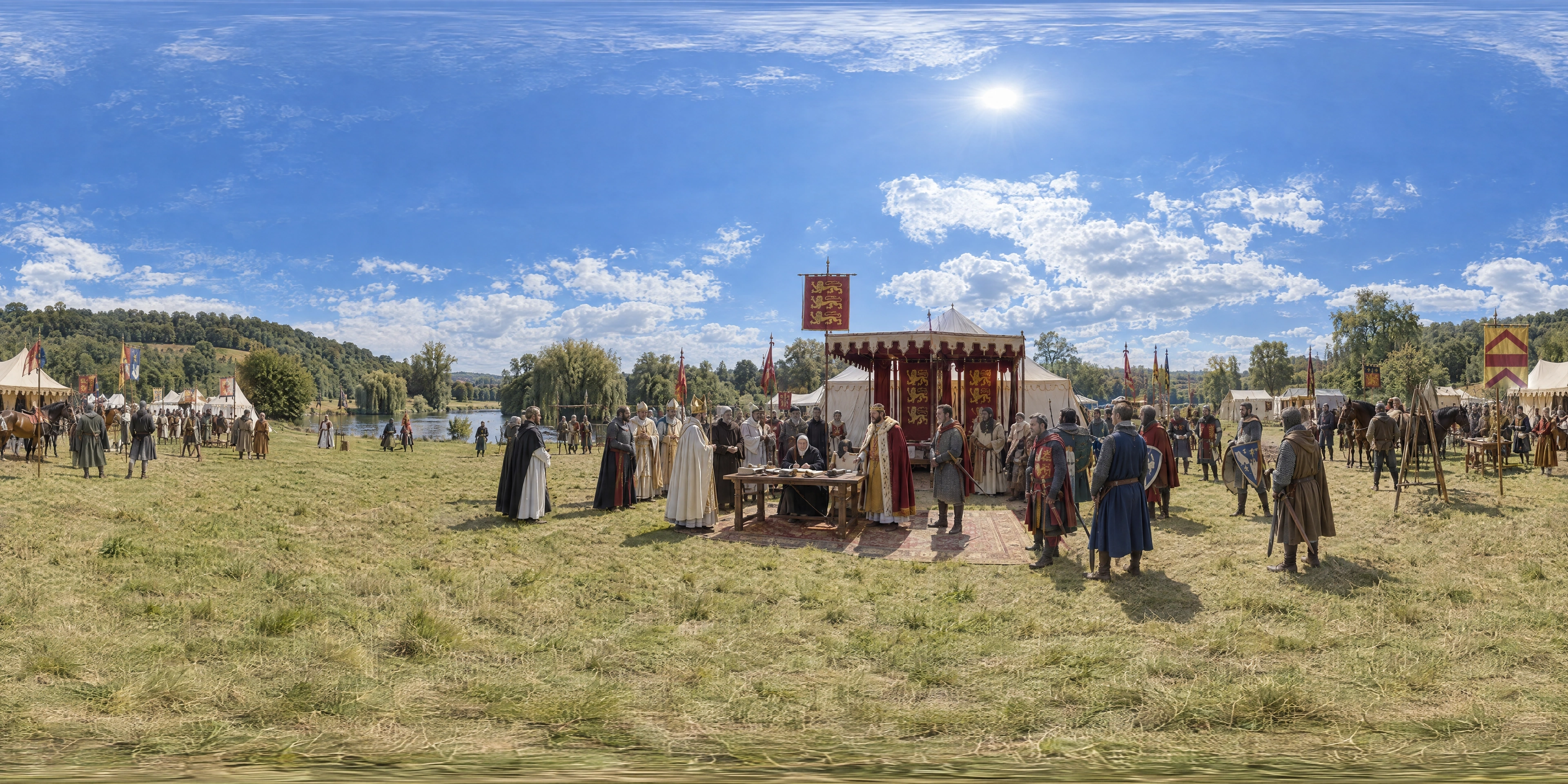 Panoramic scene depicting Runnymede, Surrey (1215), Water-meadow of Runnymede between Cooper's Hill and the Thames, near Egham, Surrey.
