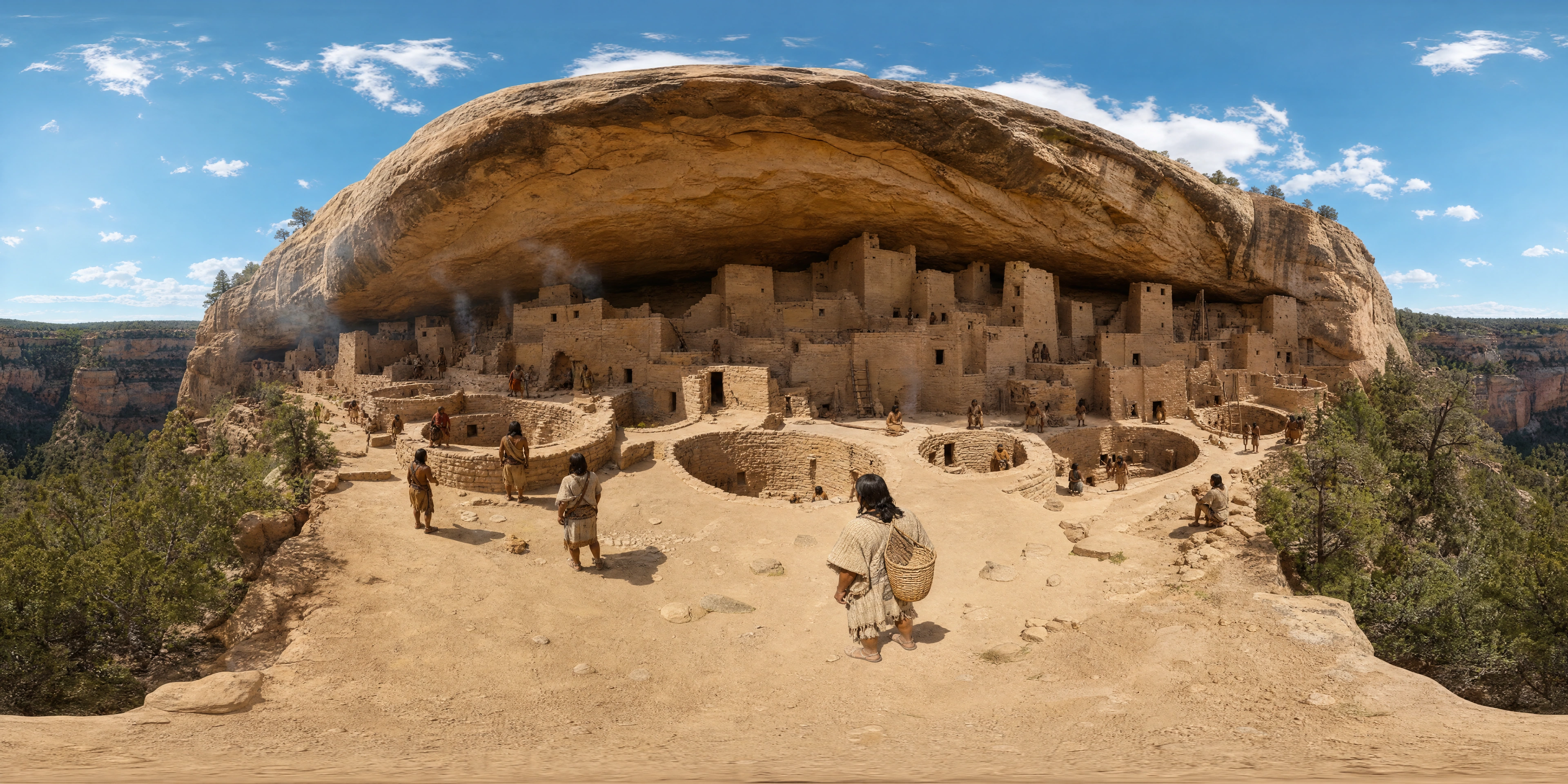 Panoramic scene depicting Cliff Palace, Mesa Verde (1250s), Cliff Palace, Mesa Verde.