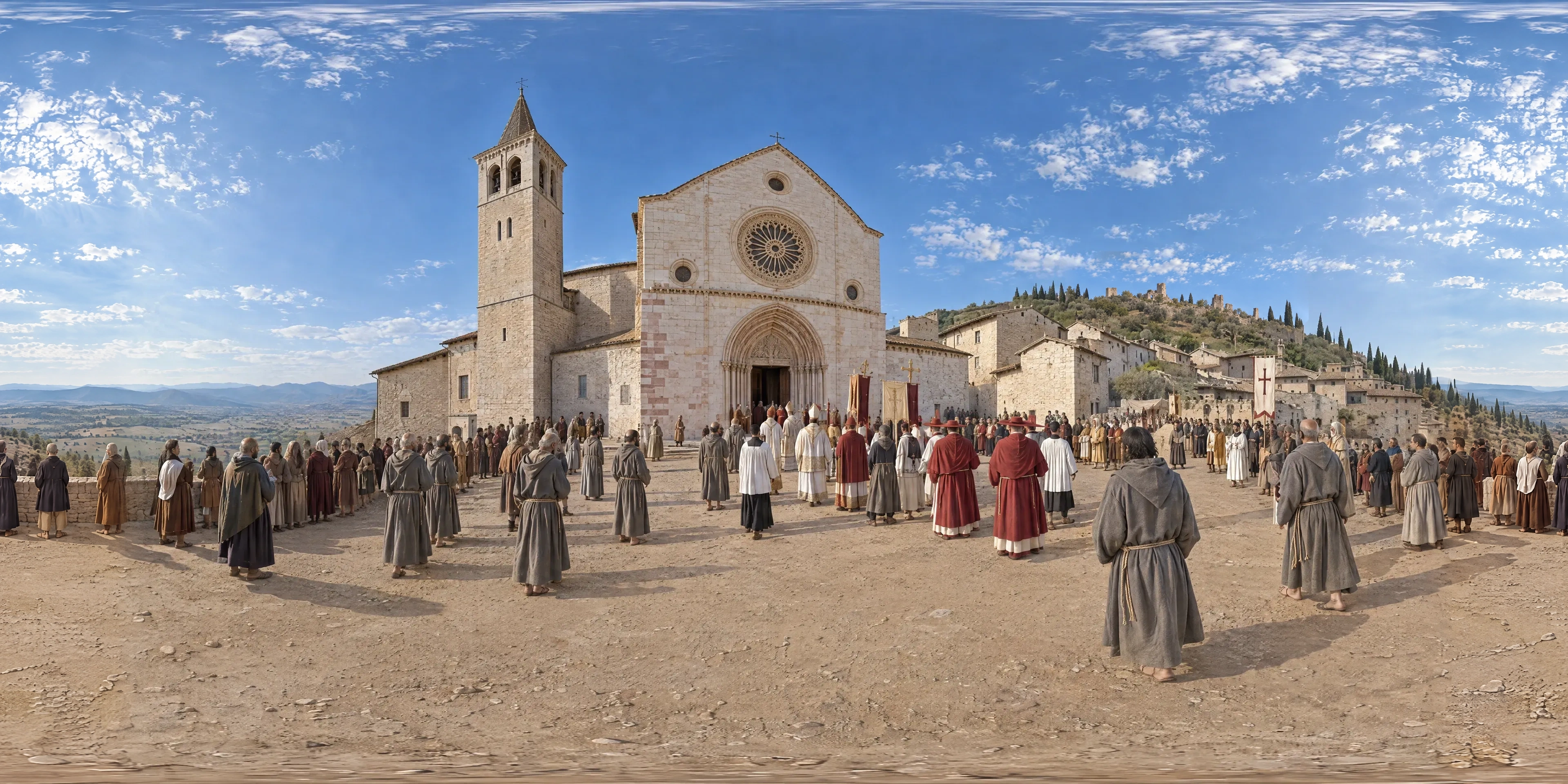 Panoramic scene depicting Basilica of Saint Francis, Assisi (1253), Upper square of the Basilica of Saint Francis, Assisi.