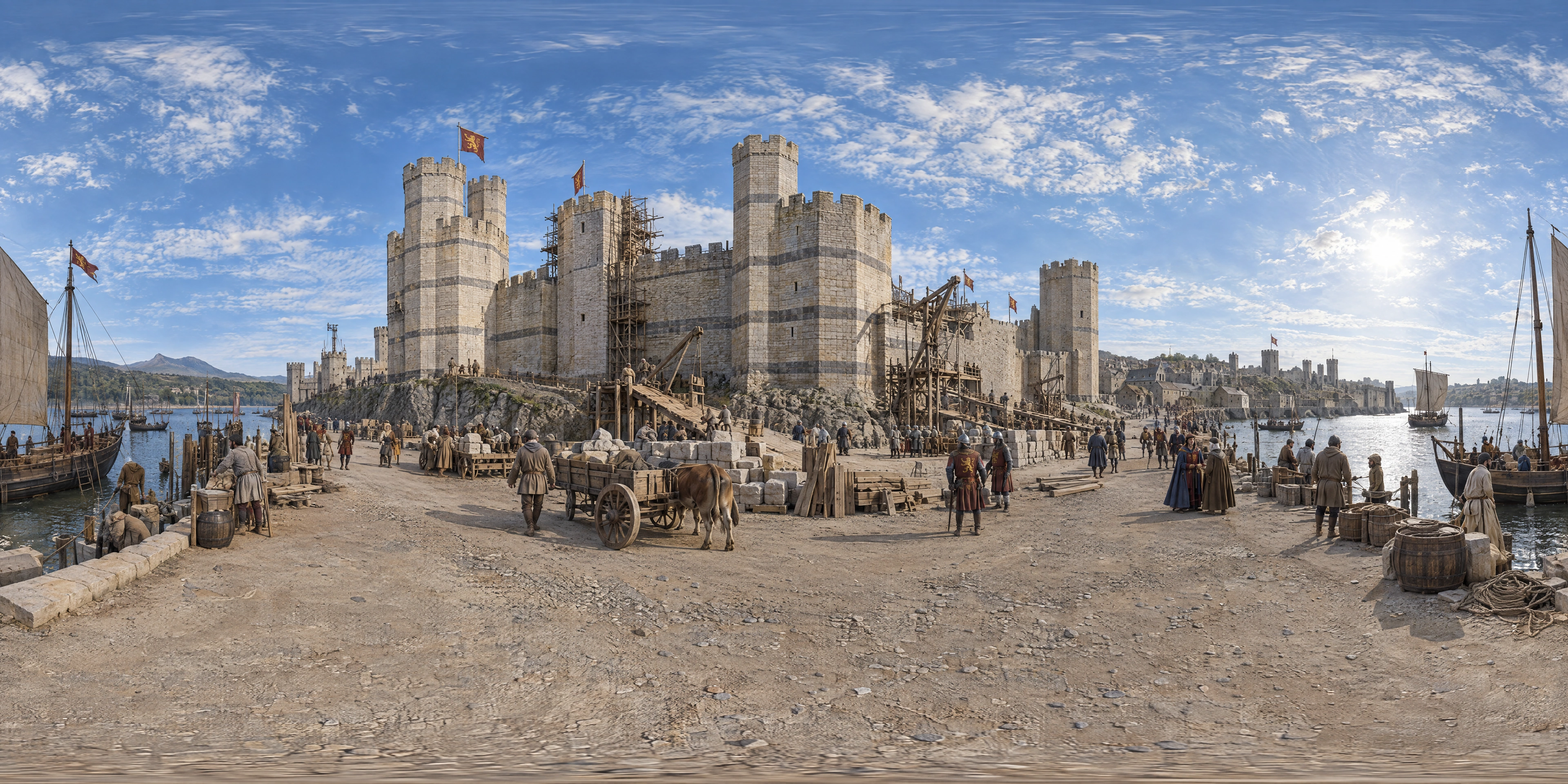 Panoramic scene depicting Caernarfon Castle (1284), Quay on the River Seiont below the south front of Caernarfon Castle, Gwynedd, north-west Wales.