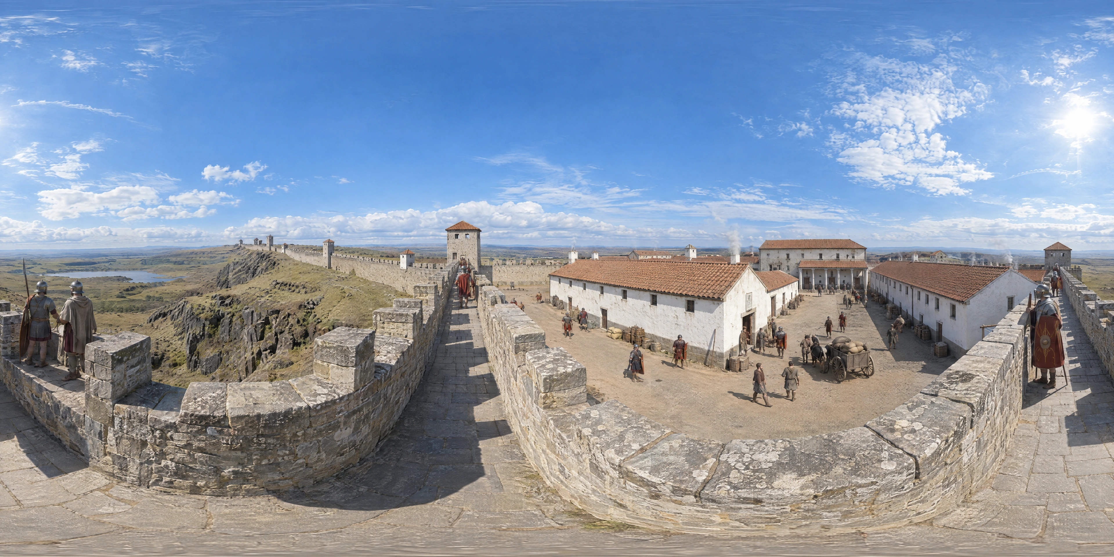 Panoramic scene depicting Housesteads Fort, Hadrian's Wall (130s), North-west corner of Housesteads fort (Vercovicium) on the Whin Sill crags, Hadrian's Wall, Northumberland.