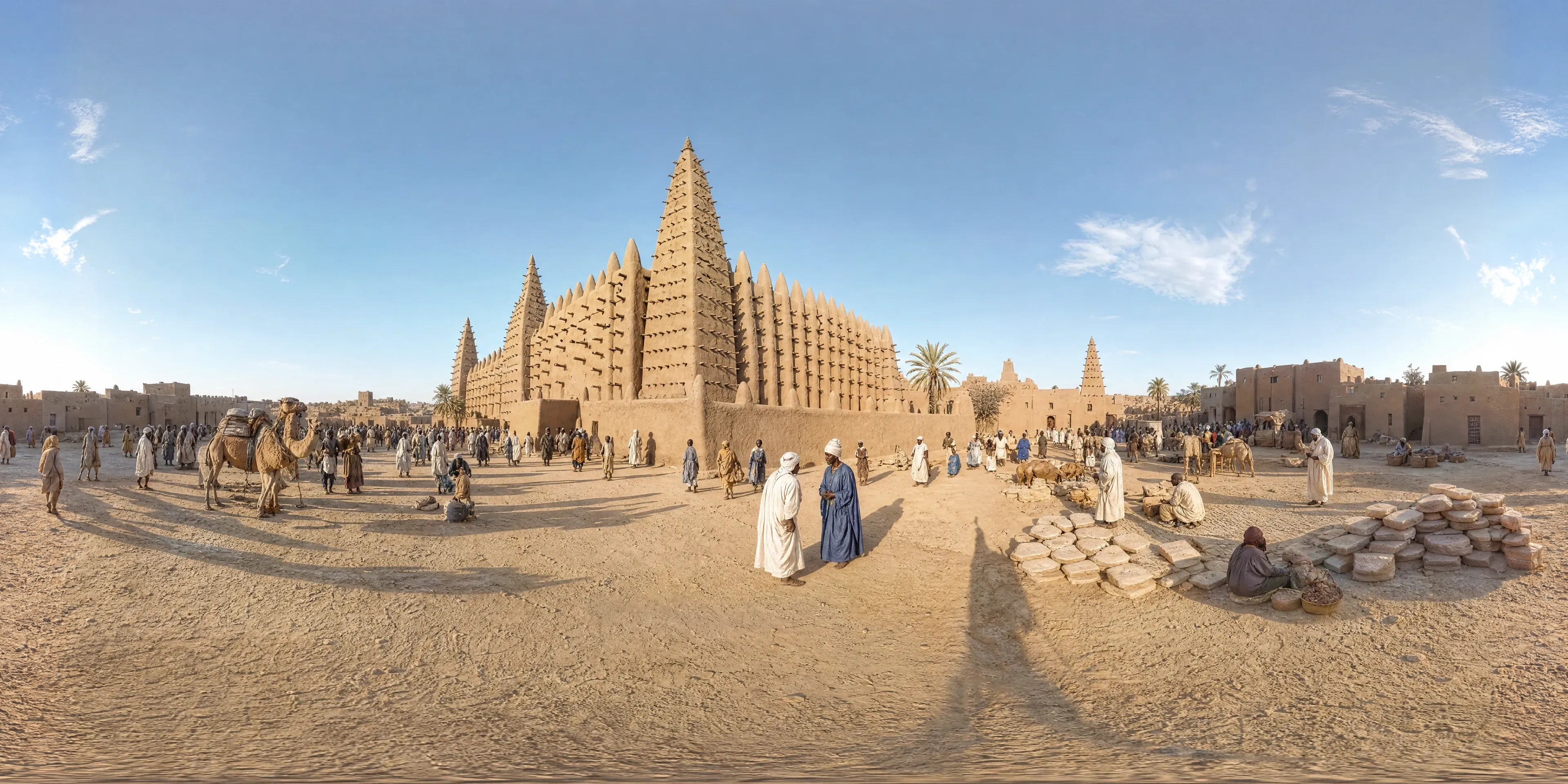 Panoramic scene depicting Djinguereber Mosque, Timbuktu (1320s), Djinguereber Mosque, Timbuktu.