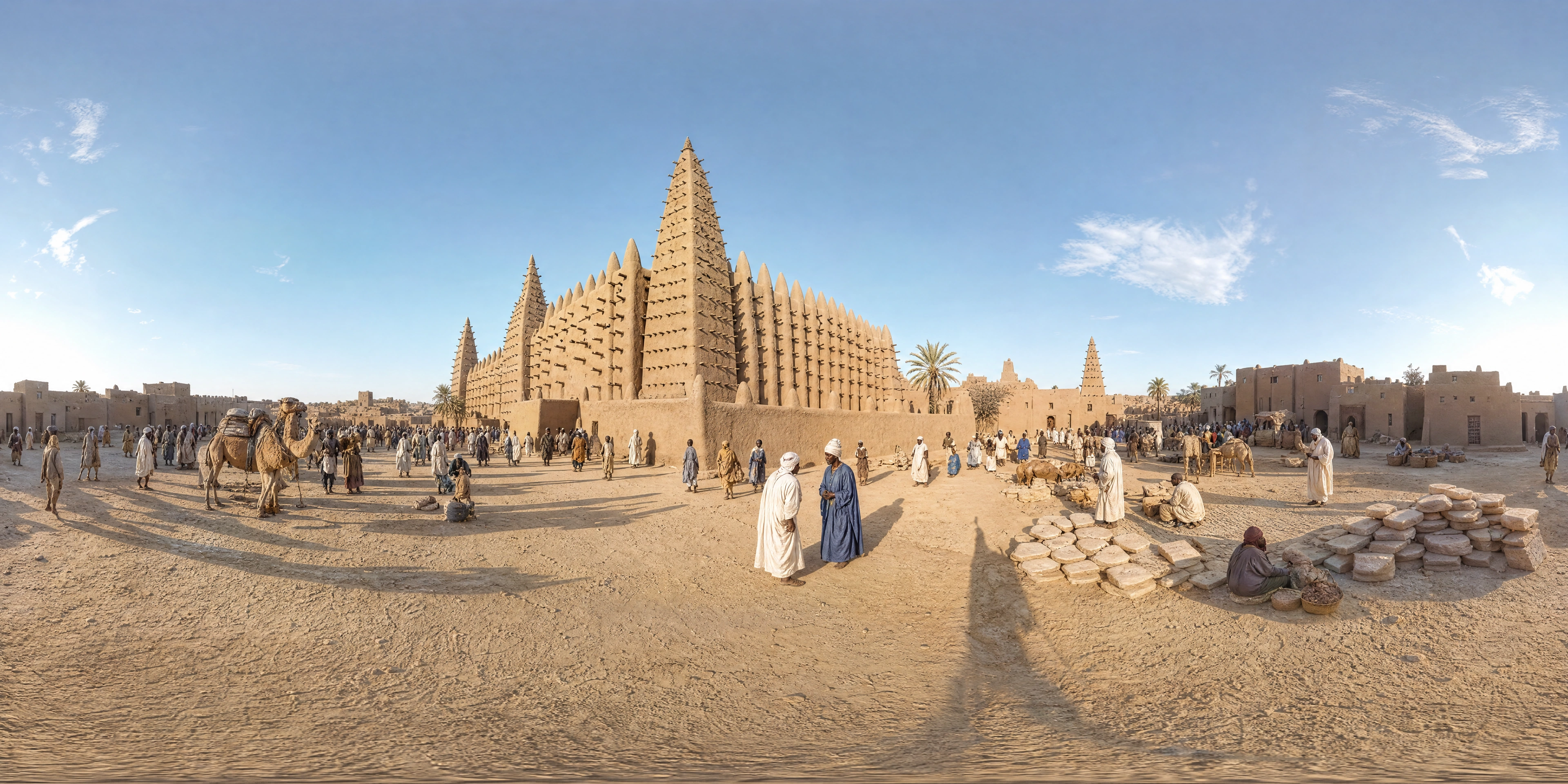 Panoramic scene depicting Djinguereber Mosque, Timbuktu (1320s), Djinguereber Mosque, Timbuktu.