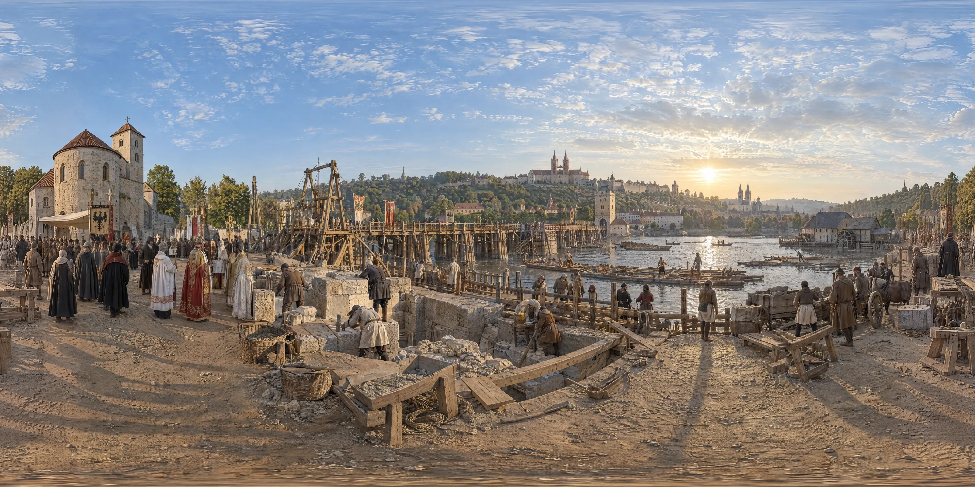 Panoramic scene depicting Charles Bridge, Prague (1357), Old Town bank of the Vltava by St Clement's, at the future bridgehead, Prague.