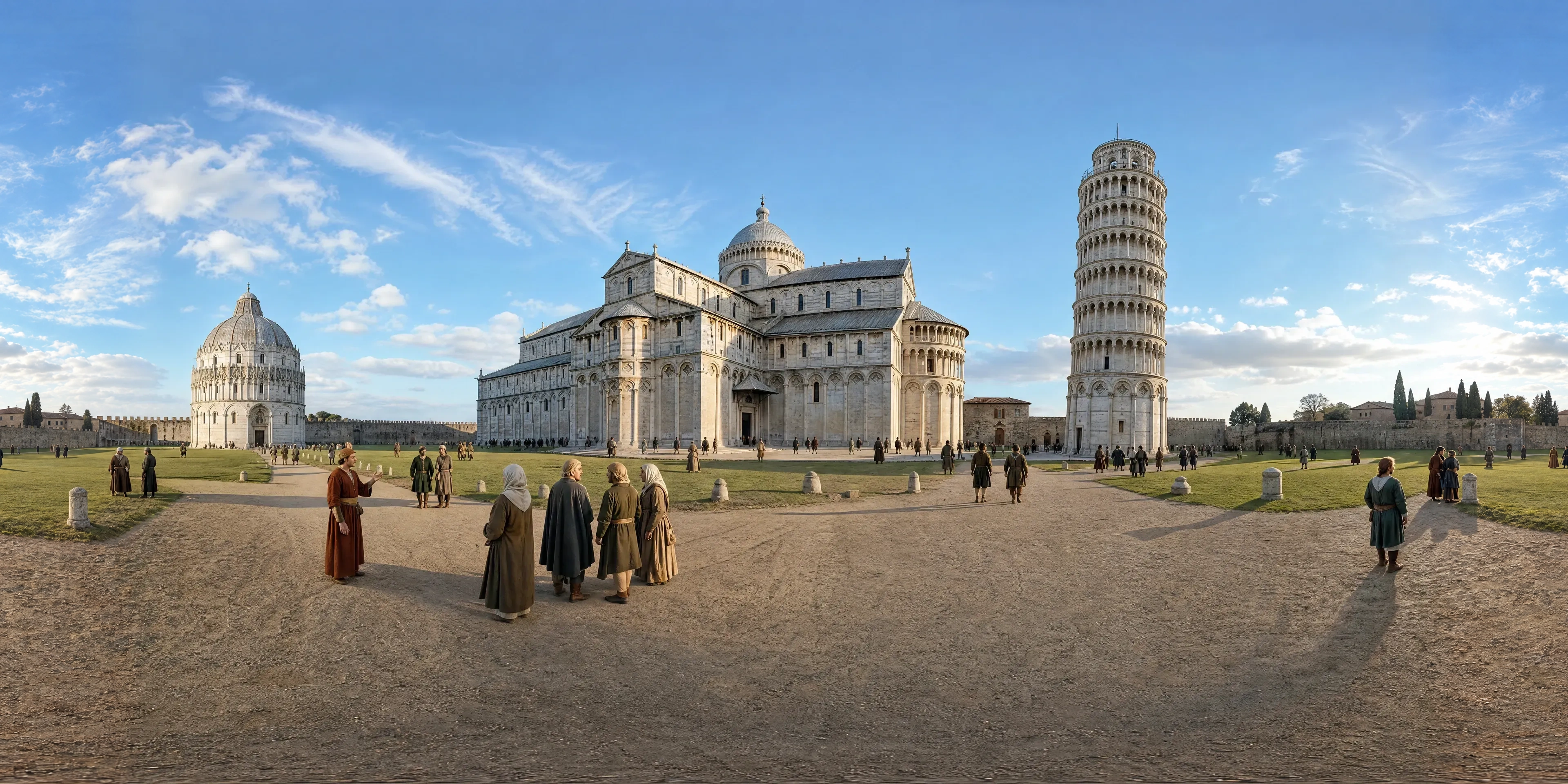 Panoramic scene depicting Leaning Tower of Pisa (1370s), Cathedral Square, Pisa.