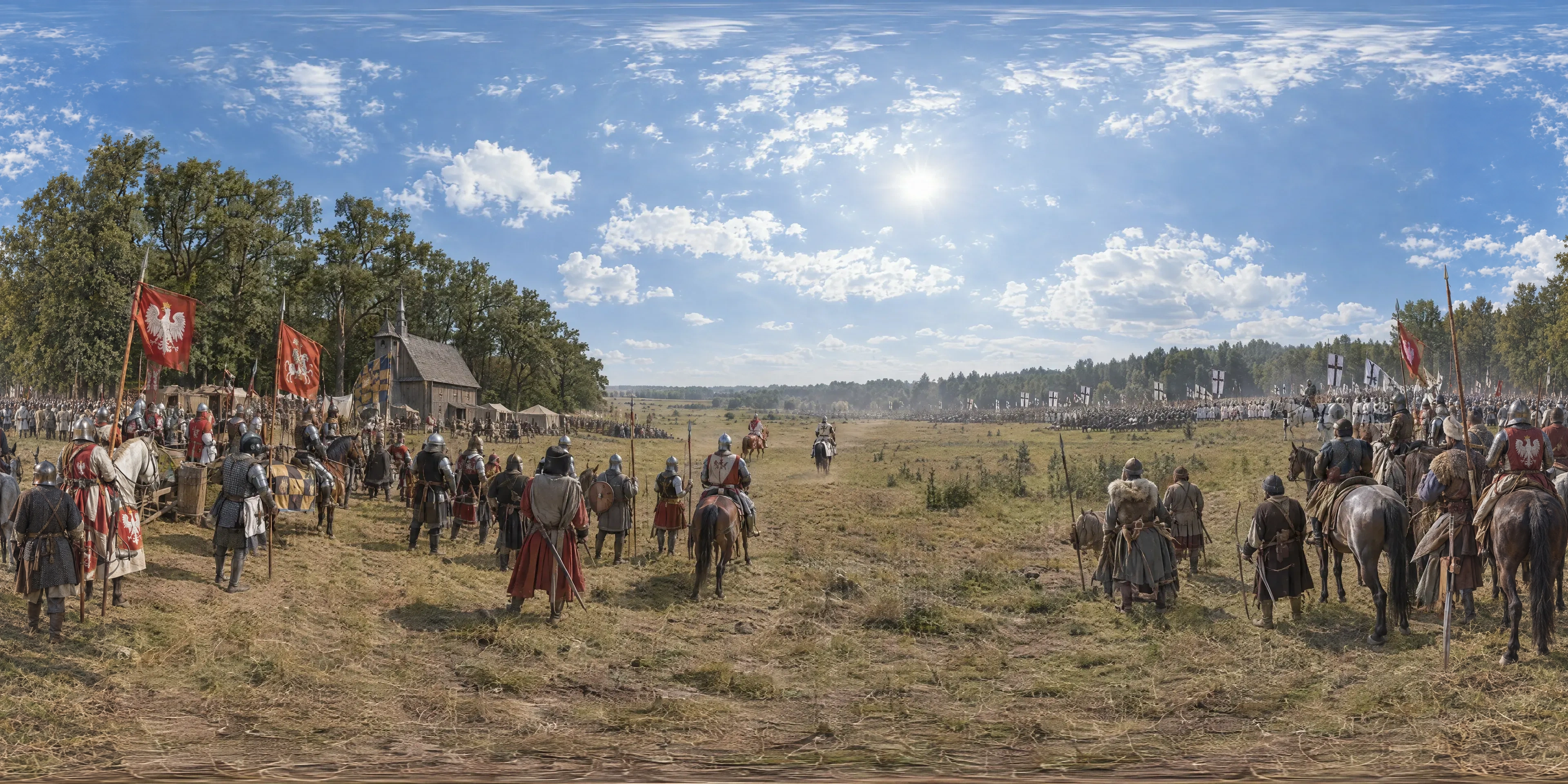 Panoramic scene depicting Grunwald Battlefield (1410), Edge of the woods on the Polish-Lithuanian line east of Łodwigowo and Stębark, facing the Teutonic army.