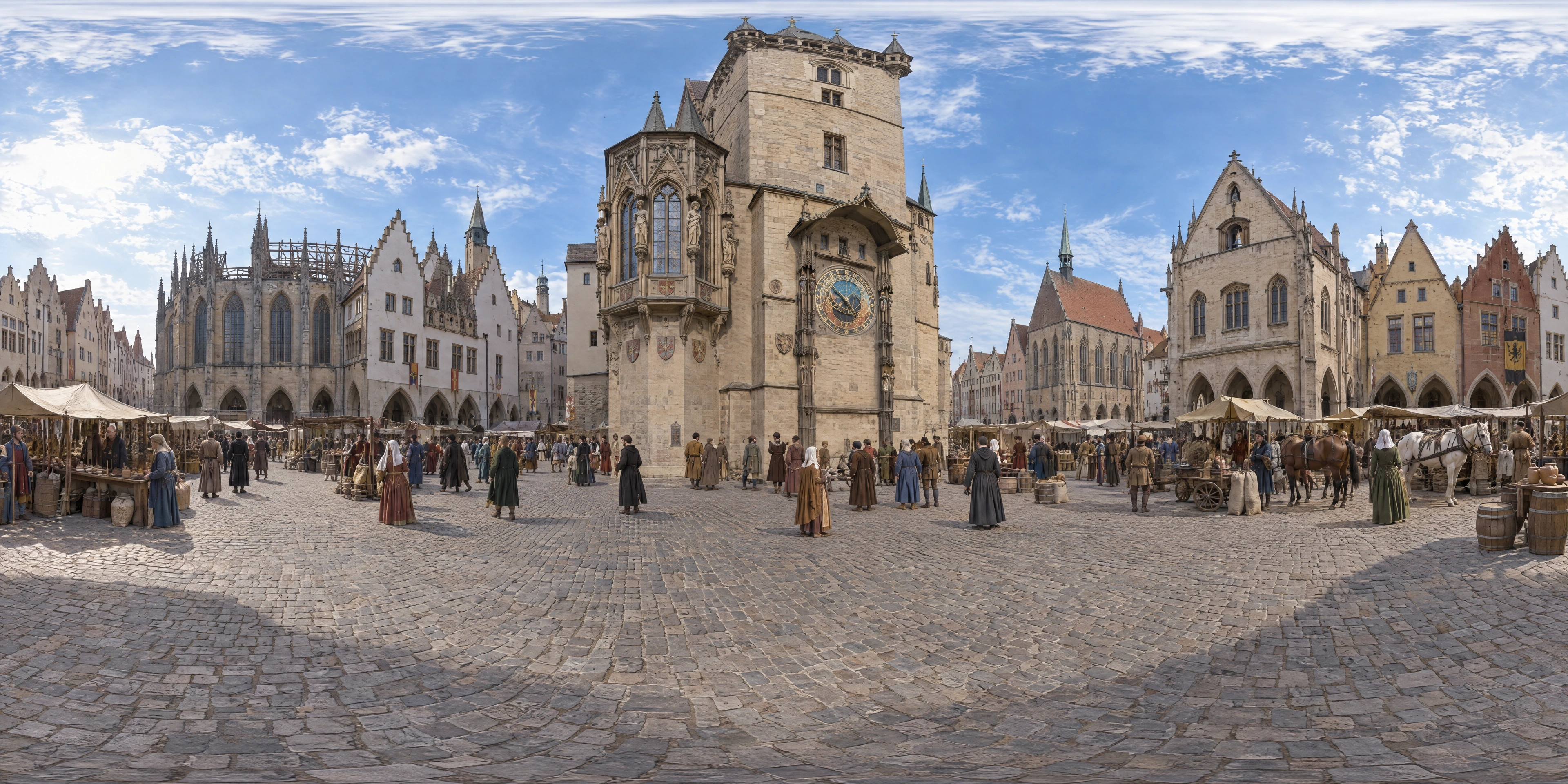 Panoramic scene depicting Old Town Square, Prague (1410), Old Town Square below the town hall tower and its new astronomical clock, Prague.