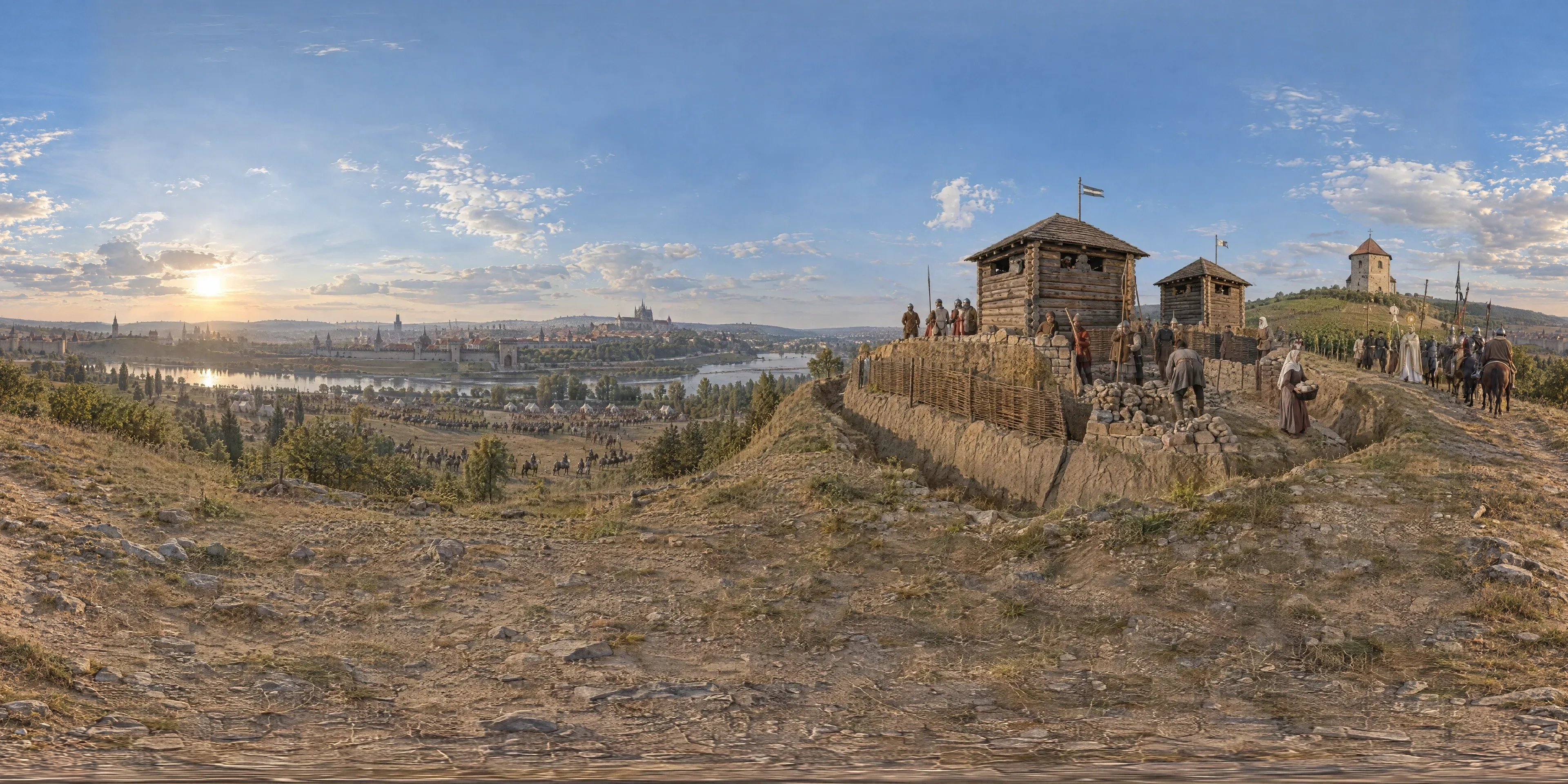 Panoramic scene depicting Vítkov Hill, Prague (1420), Ridge of Vítkov hill by Žižka's blockhouses, east of the Prague walls.