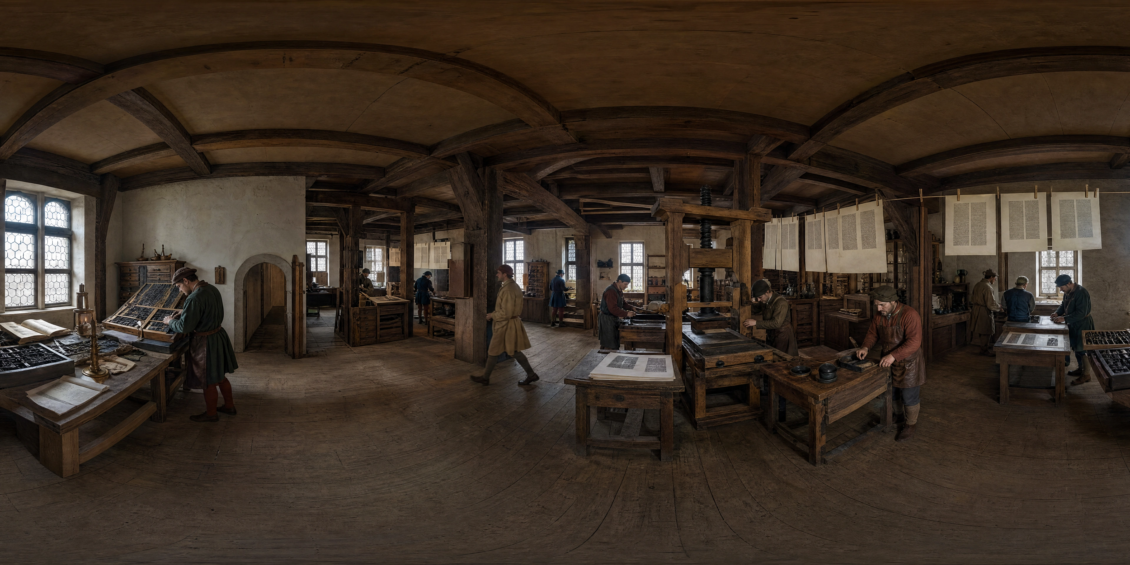 Panoramic scene depicting Gutenberg's workshop, Mainz (1450s), Gutenberg's printing workshop, Mainz.