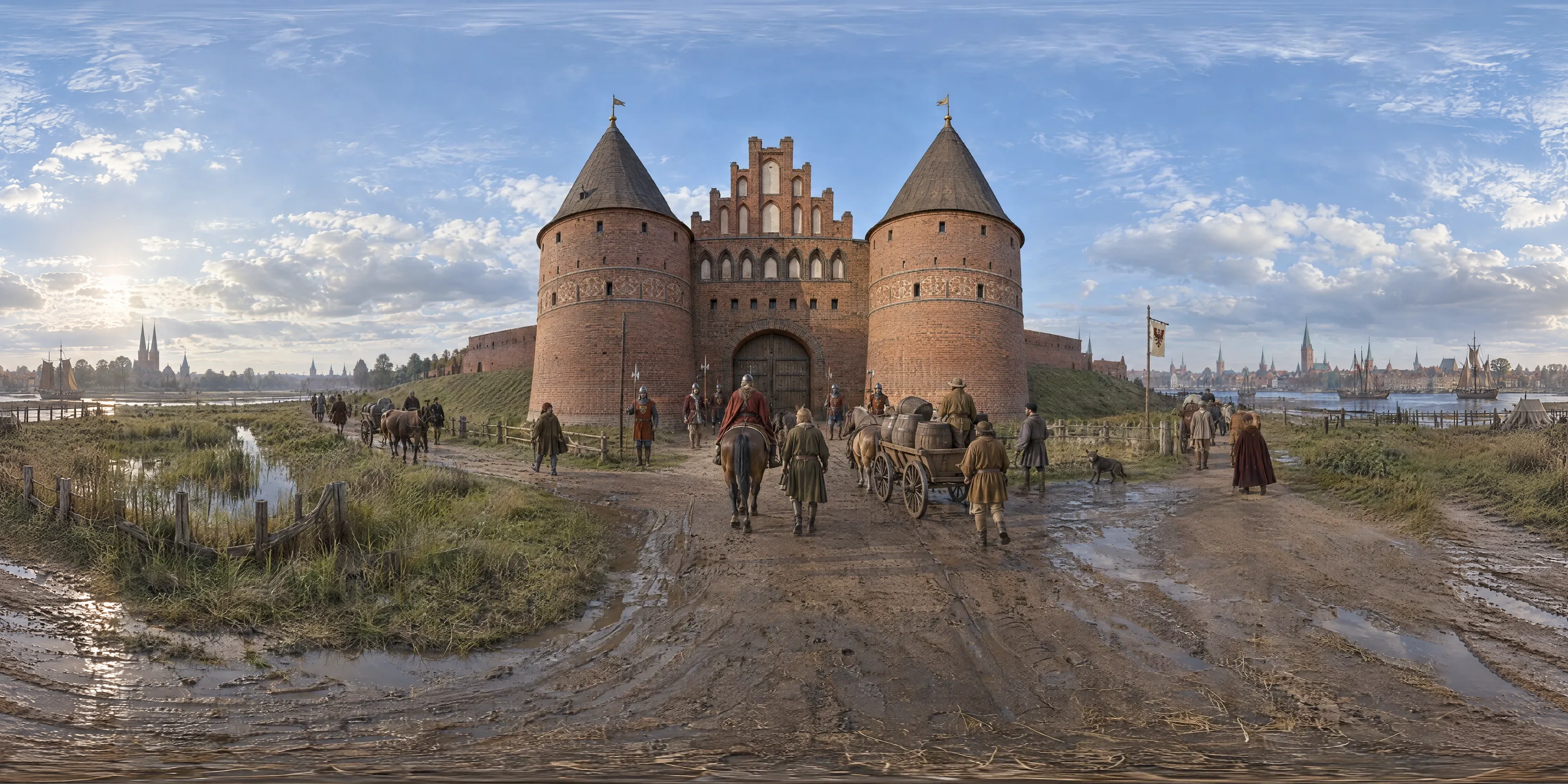 Panoramic scene depicting Holsten Gate, Lübeck (1478), Road from Holstein before the new Holstentor, west of the Trave, Lübeck.