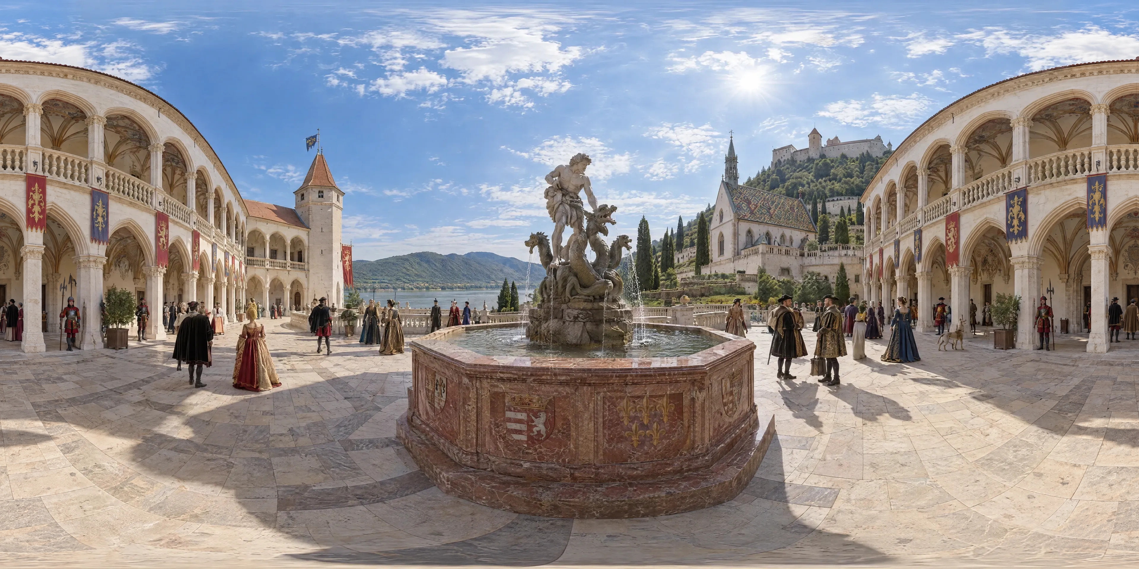 Panoramic scene depicting Royal Palace of Visegrád (1484), Court of honour of the royal palace by the Hercules fountain, Visegrád.