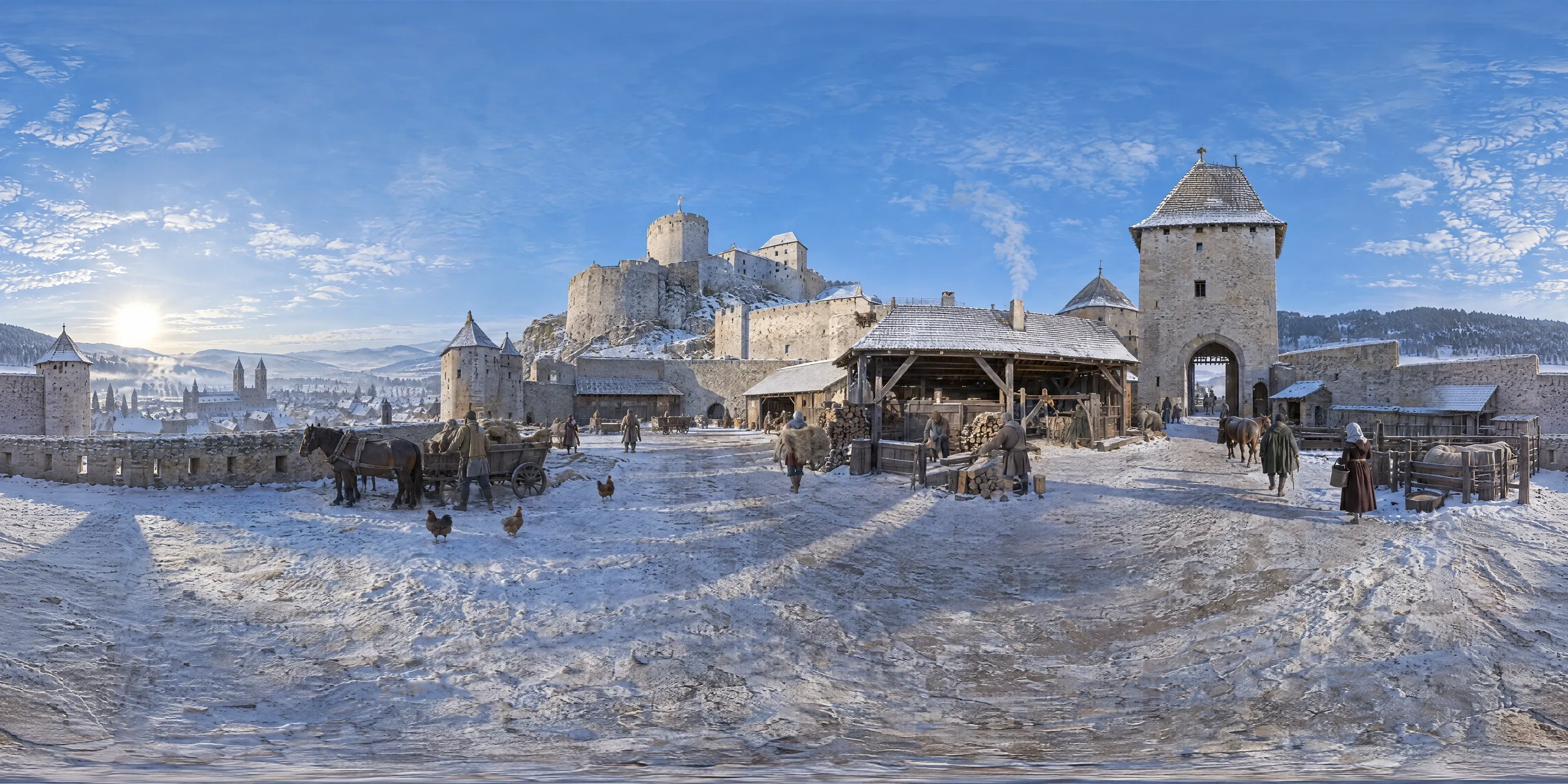 Panoramic scene depicting Spiš Castle (1487), Lower courtyard of Spiš Castle, above Spišské Podhradie.
