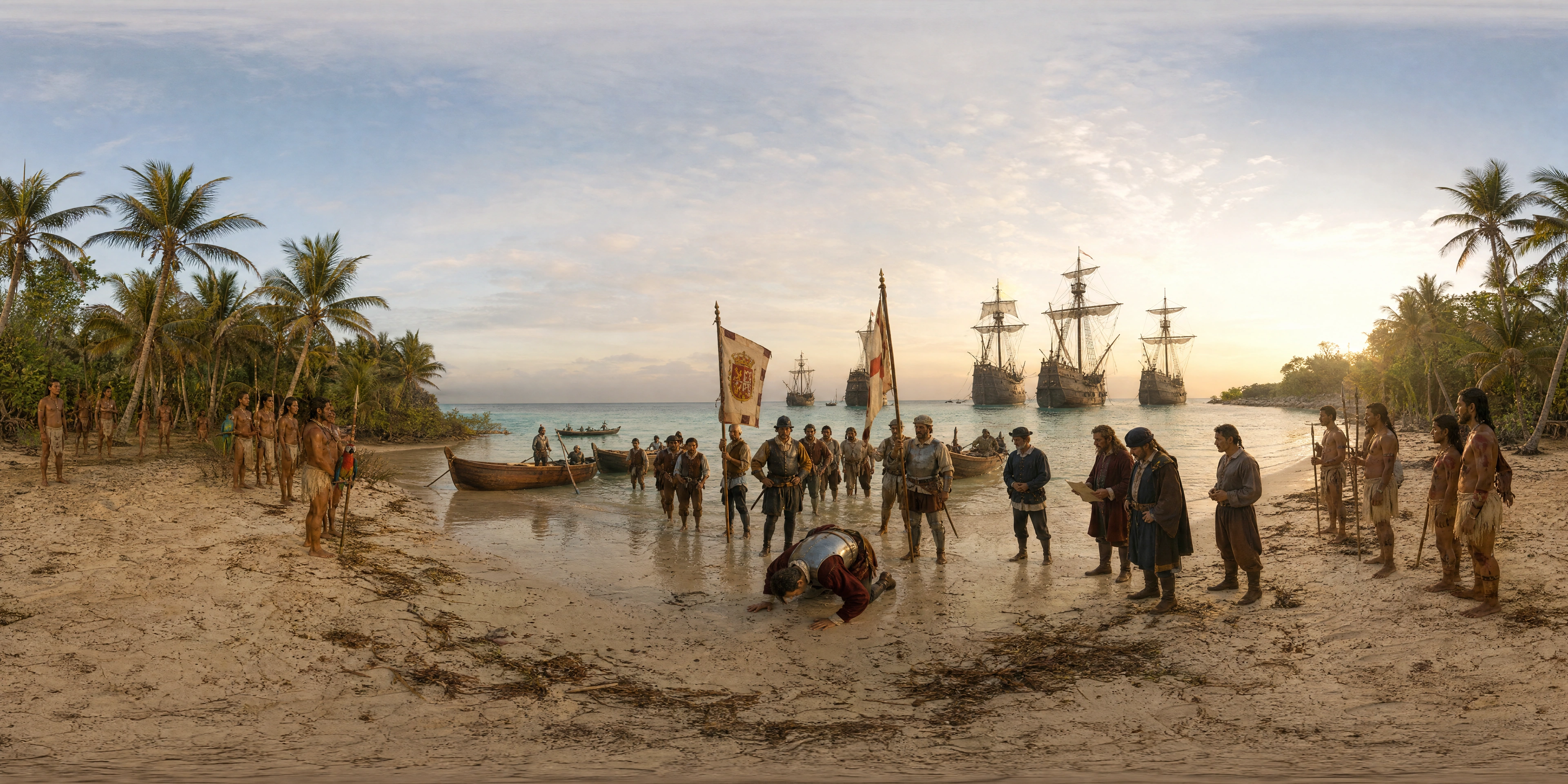 Panoramic scene depicting Guanahani (San Salvador Island), Bahamas (1492), Guanahani (San Salvador Island), Bahamas.