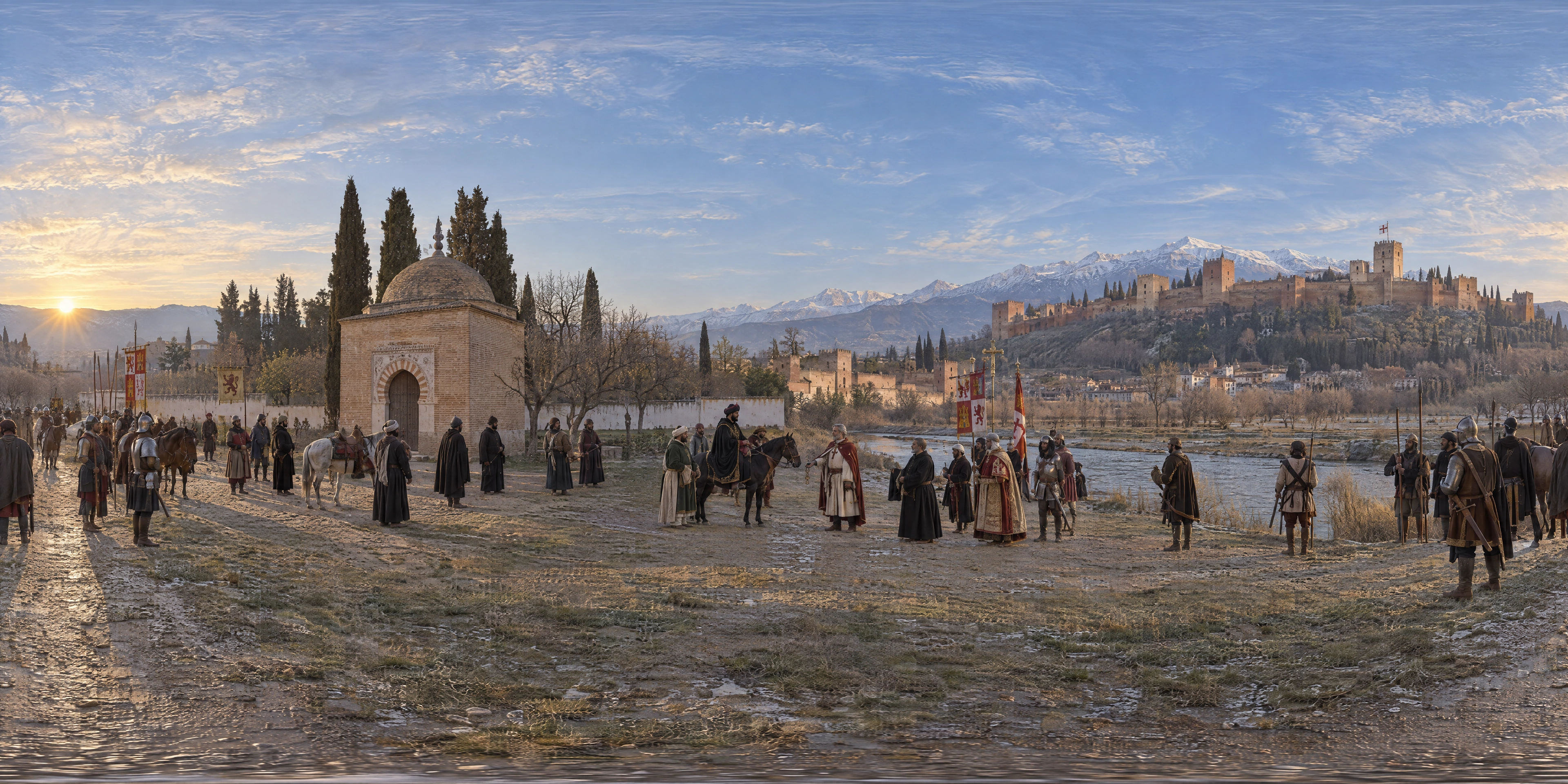 Panoramic scene depicting Banks of the Genil, Granada (1492), Left bank of the Genil beside the small domed oratory later called the Hermitage of San Sebastián, Granada.