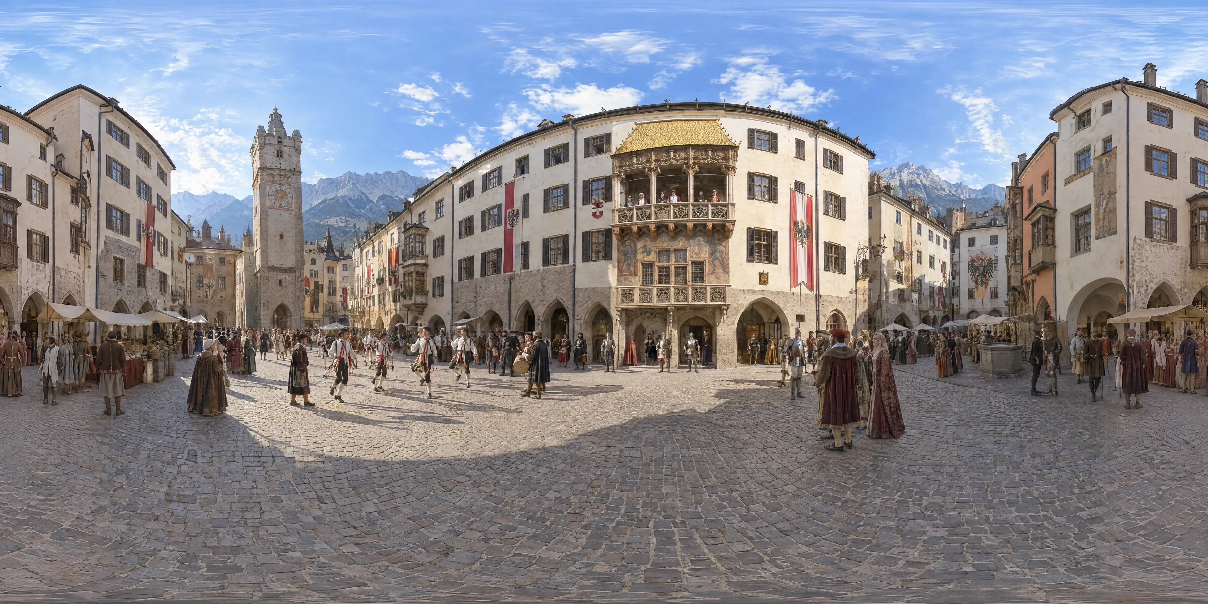 Panoramic scene depicting Golden Roof, Innsbruck (1500), Town square (today Herzog-Friedrich-Straße) below the Golden Roof, Innsbruck old town.