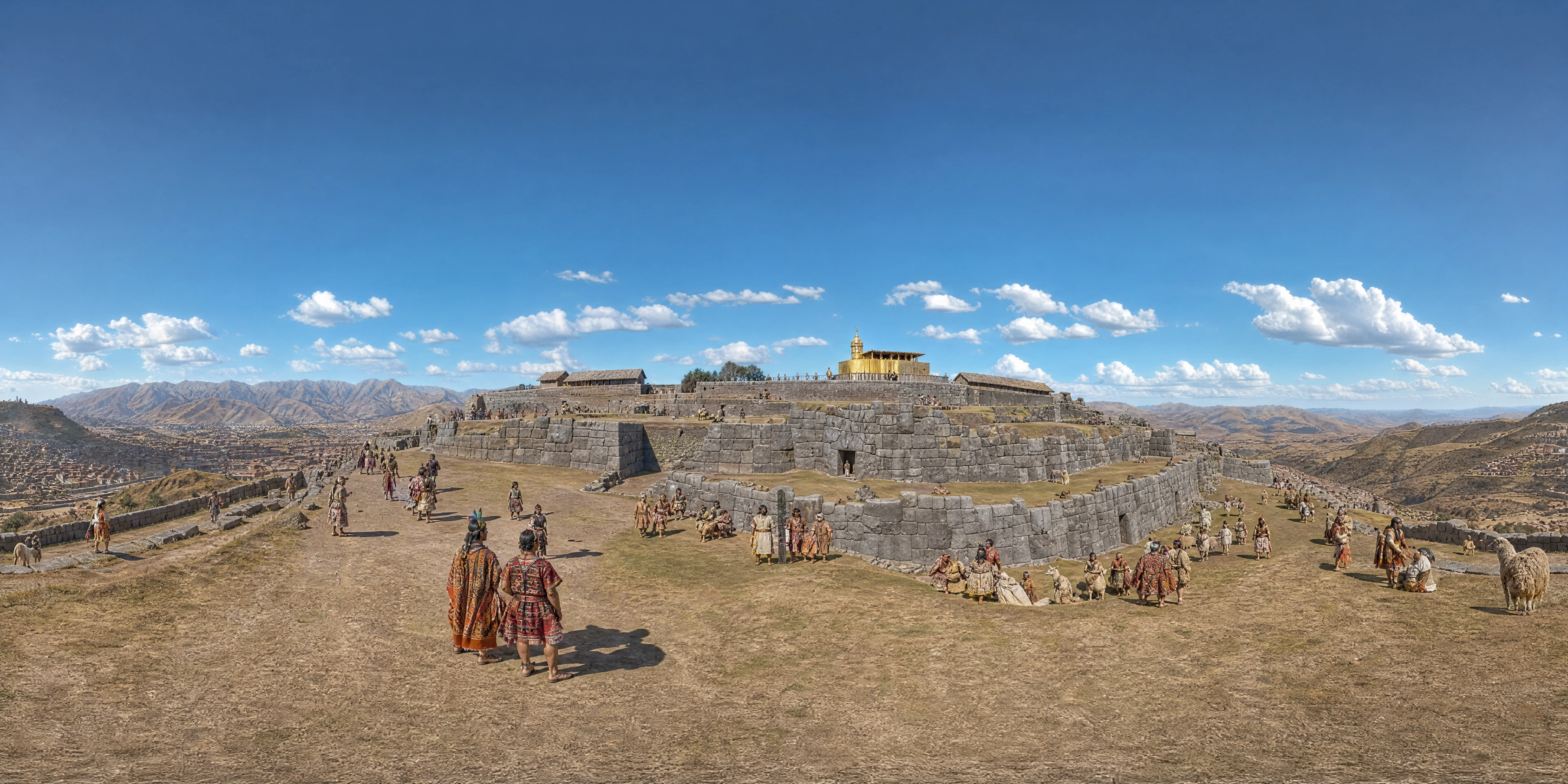 Panoramic scene depicting Sacsayhuamán, above Cusco (1500s), Sacsayhuamán.