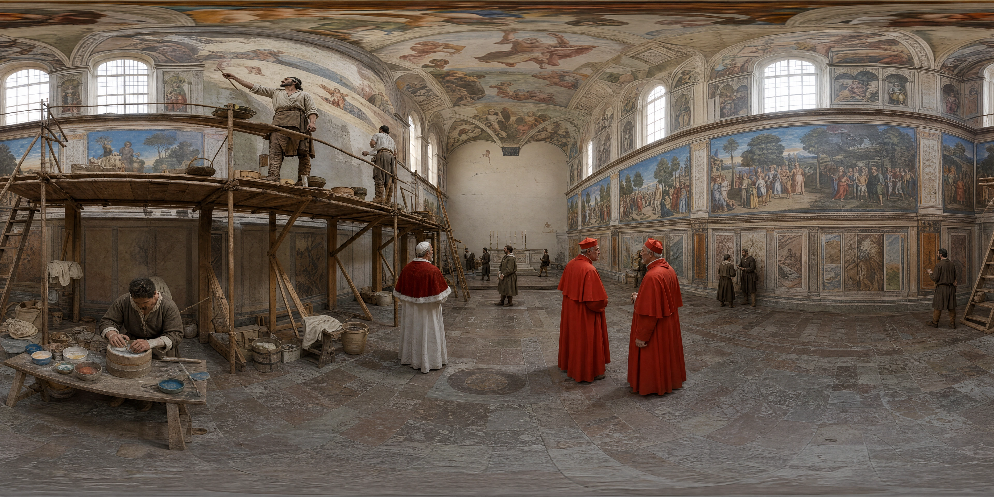 Panoramic scene depicting Sistine Chapel, Vatican (1511), Sistine Chapel, Vatican.
