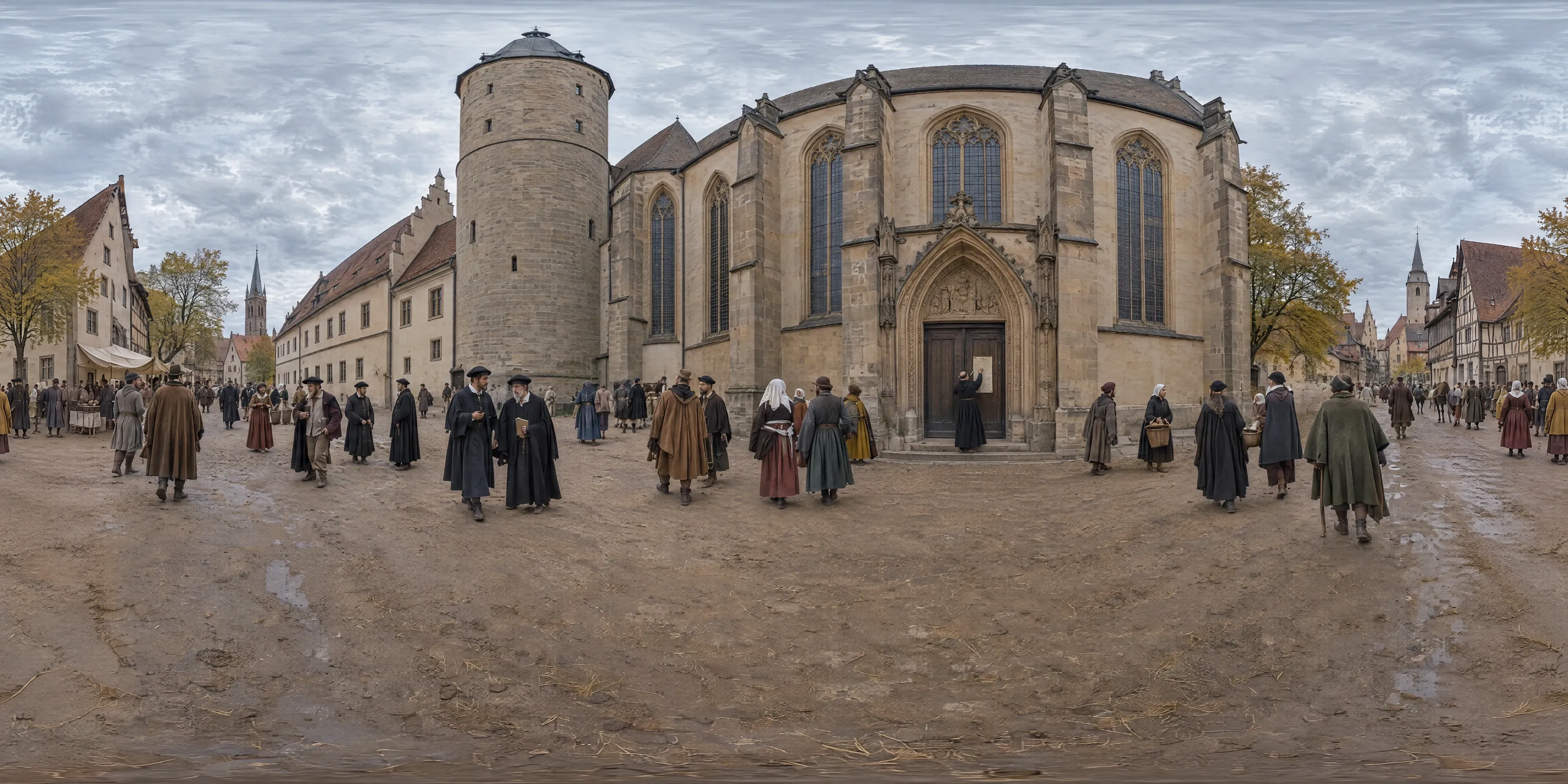 Panoramic scene depicting Castle Church, Wittenberg (1517), Street before the north portal of the Castle Church of All Saints, Wittenberg.