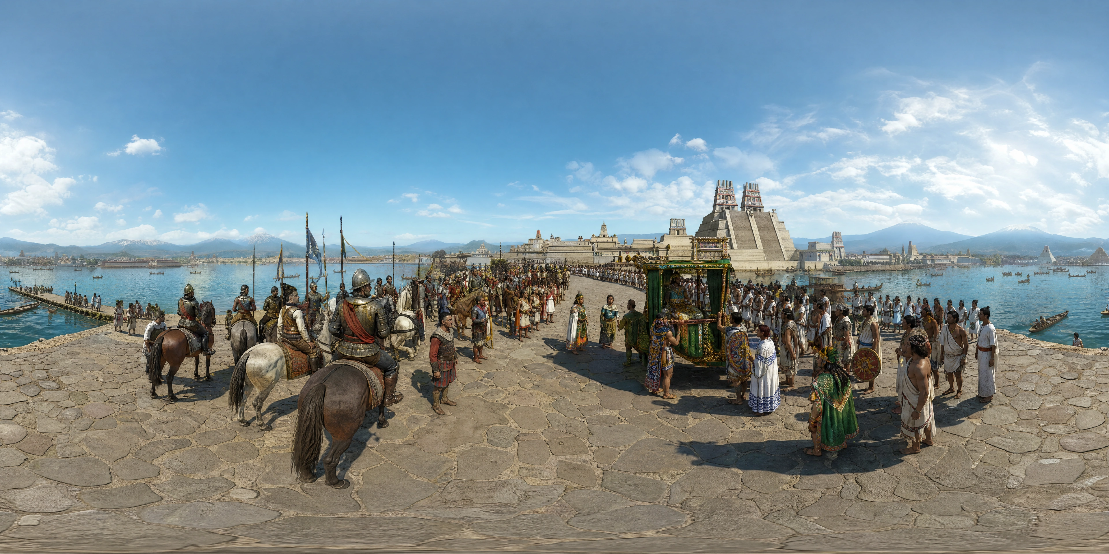 Panoramic scene depicting Iztapalapa causeway, Tenochtitlán (1519), Iztapalapa causeway, Tenochtitlán.