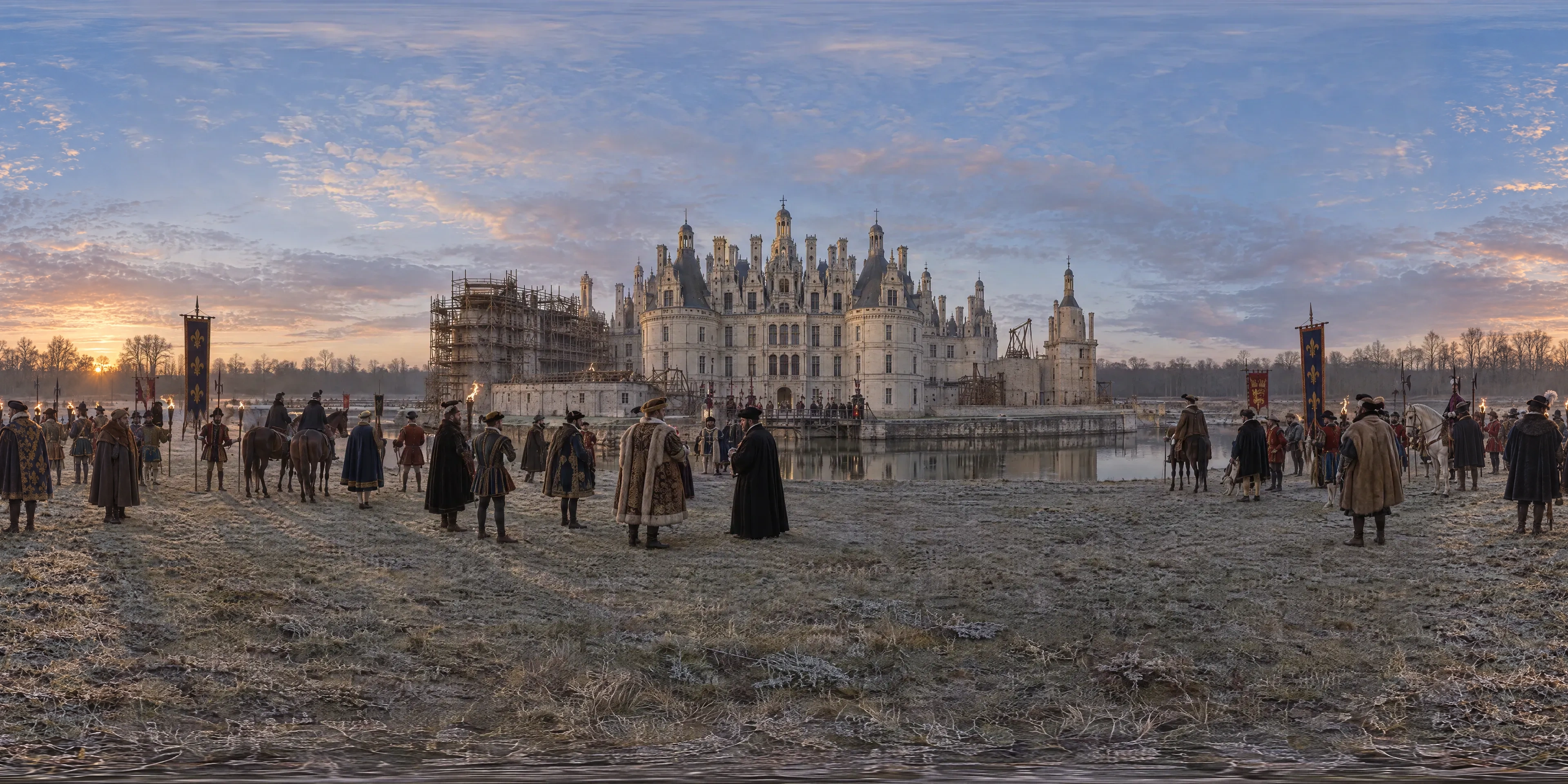 Panoramic scene depicting Château de Chambord (1539), Park before the north-west front of the château of Chambord, beyond the moat fed by the Cosson, Sologne.