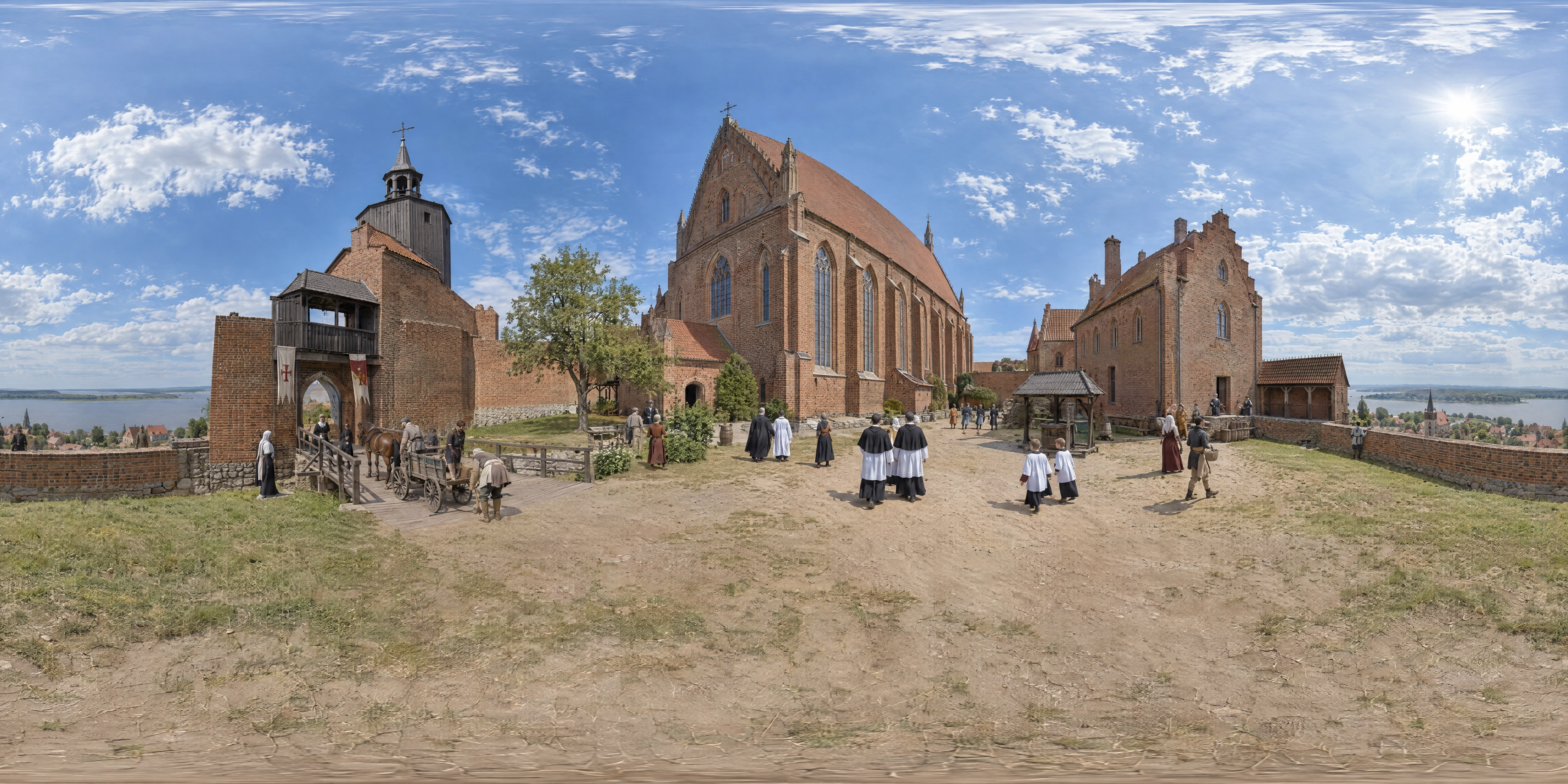 Panoramic scene depicting Cathedral Hill, Frombork (1543), Inside the fortified cathedral close on the hill above the Vistula Lagoon, Frombork.