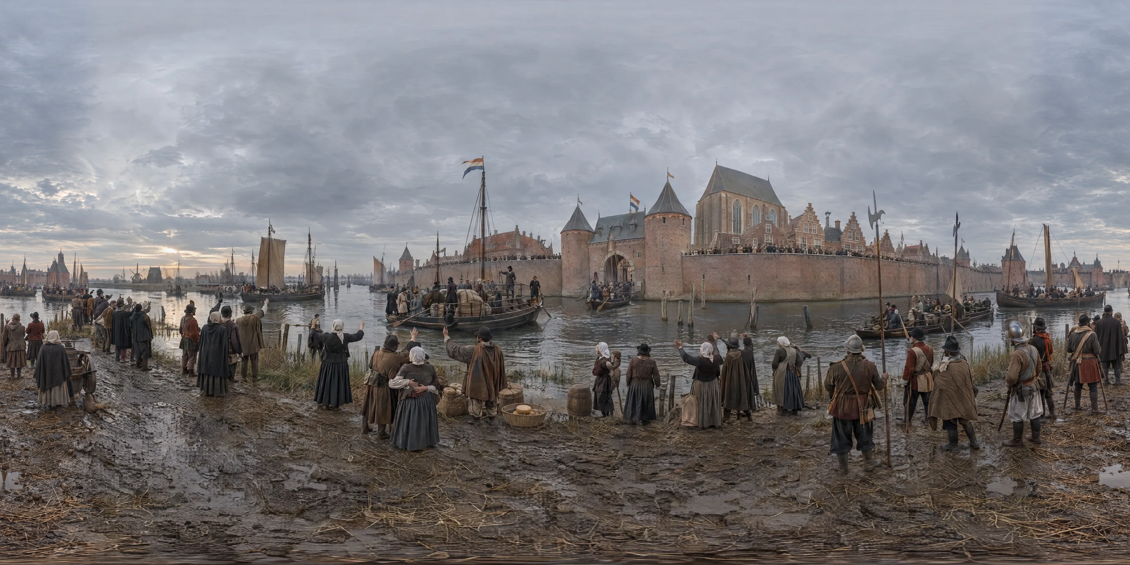 Panoramic scene depicting The Vliet at the Walls of Leiden (1574), Bank of the Vliet just outside Leiden's southern town wall, where the relief fleet sailed in.