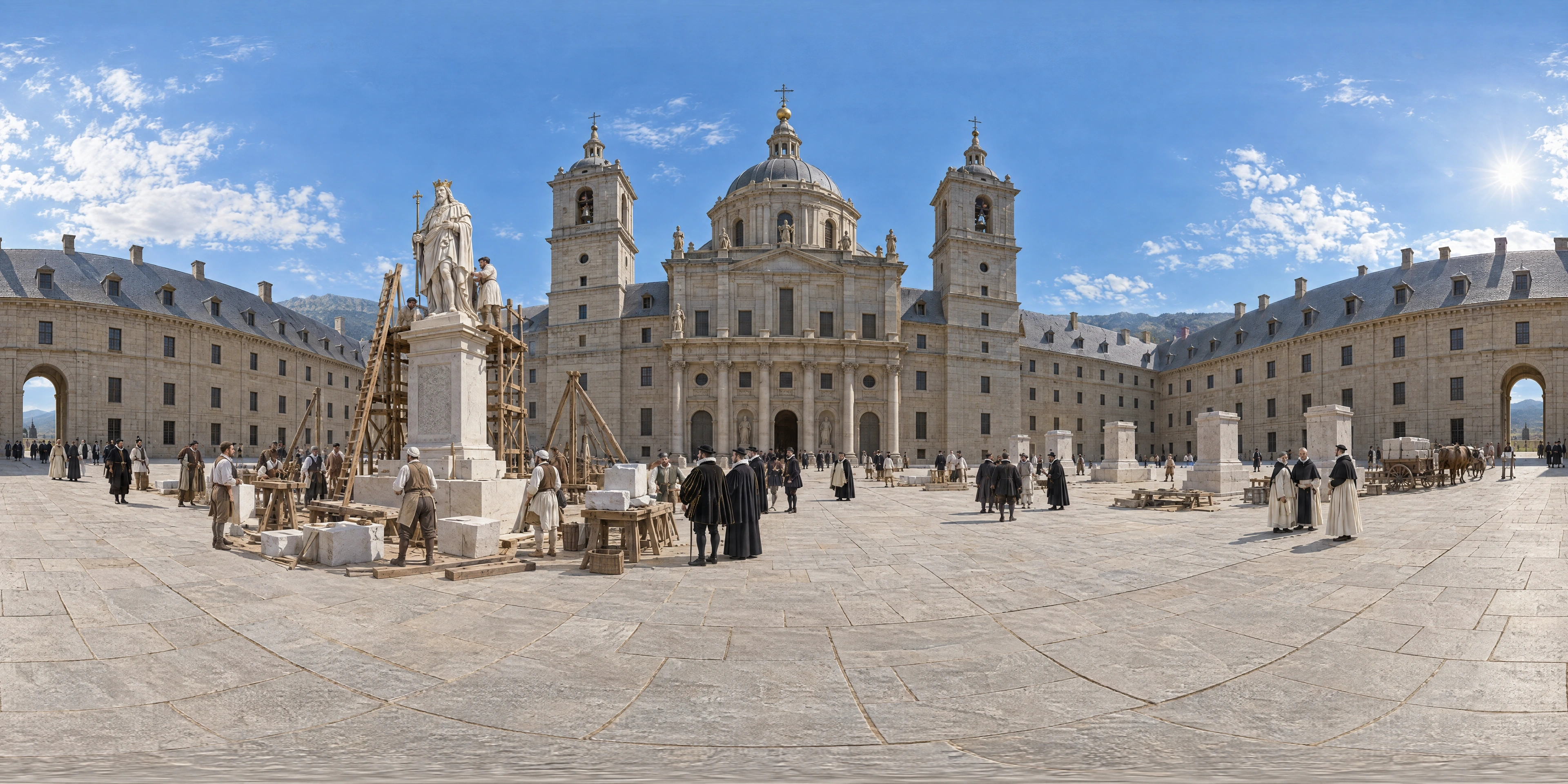 Panoramic scene depicting Courtyard of the Kings, El Escorial (1584), Patio de los Reyes before the basilica, Monastery of San Lorenzo de El Escorial.