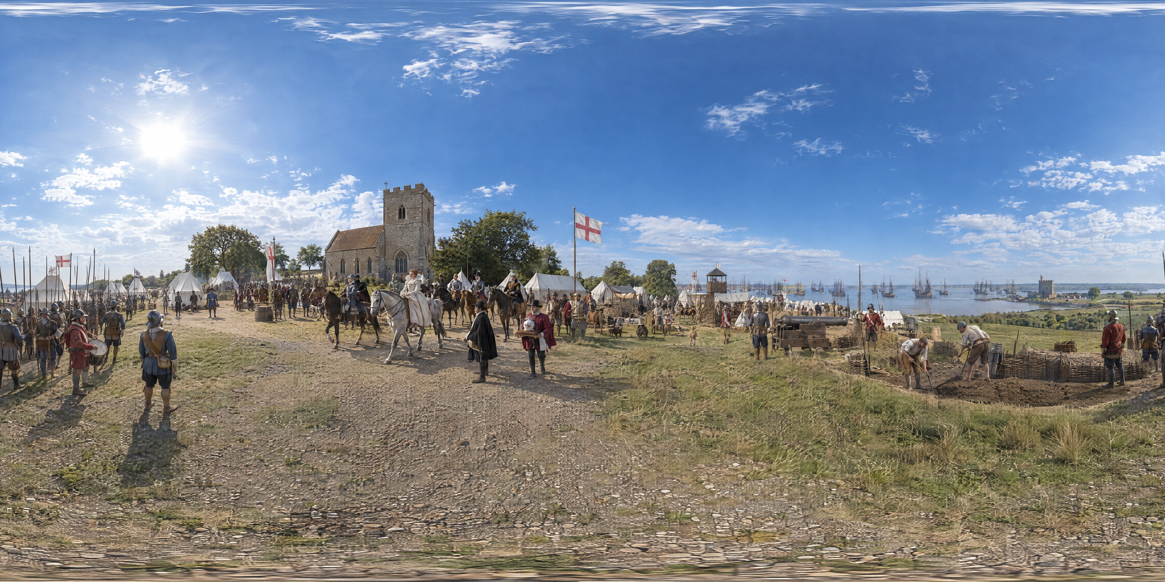 Panoramic scene depicting Tilbury Camp, Essex (1588), Army camp on the high ground by West Tilbury church, above the Thames marshes, Essex.
