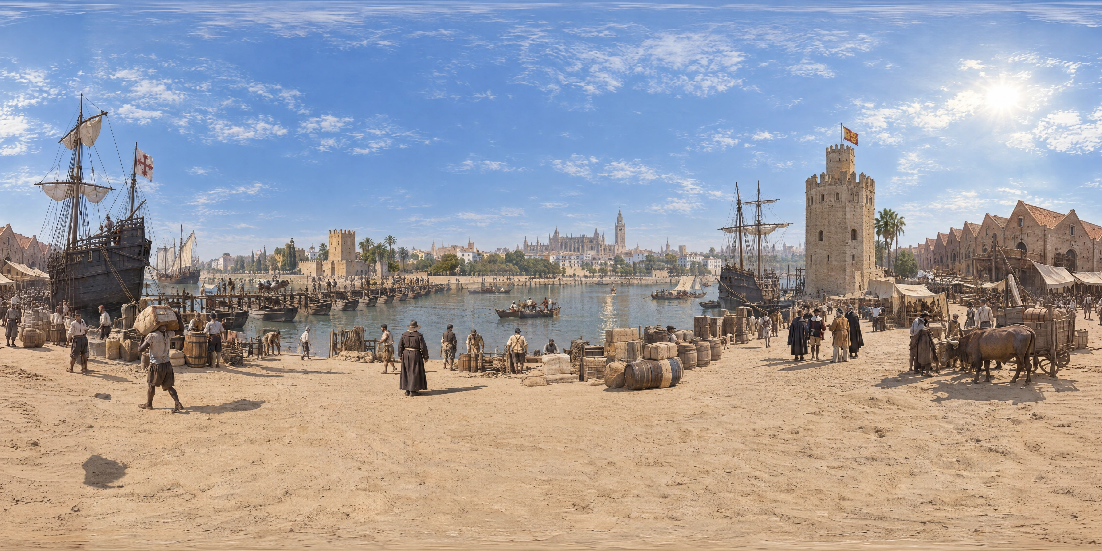 Panoramic scene depicting The Arenal, Seville (1590s), Sandy riverbank of the Arenal between the Triana Gate and the Torre del Oro, Seville.