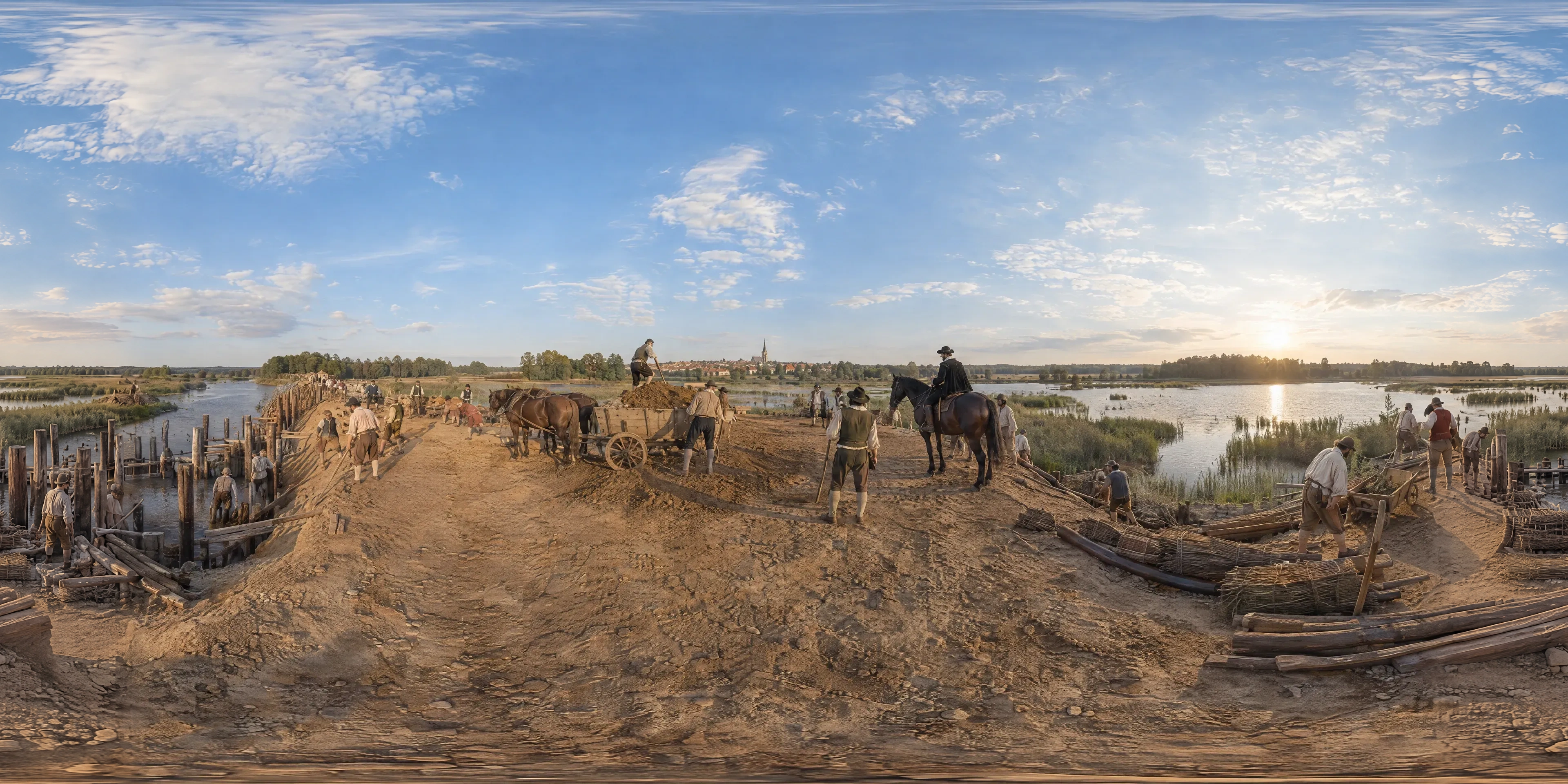 Panoramic scene depicting Rožmberk Pond Dam, Třeboň (1590), Crest of the Rožmberk dam across the Lužnice floodplain, north of Třeboň, South Bohemia.