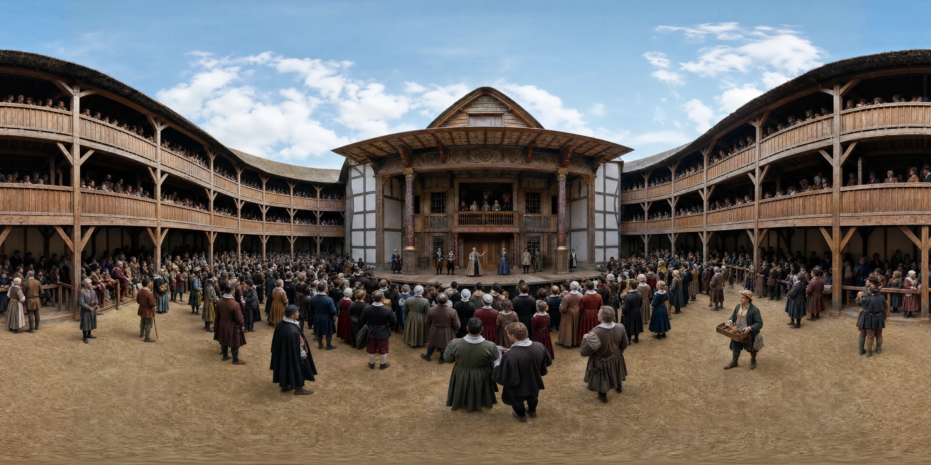 Panoramic scene depicting Globe Theatre, London (1600), Globe Theatre, Bankside, Southwark.