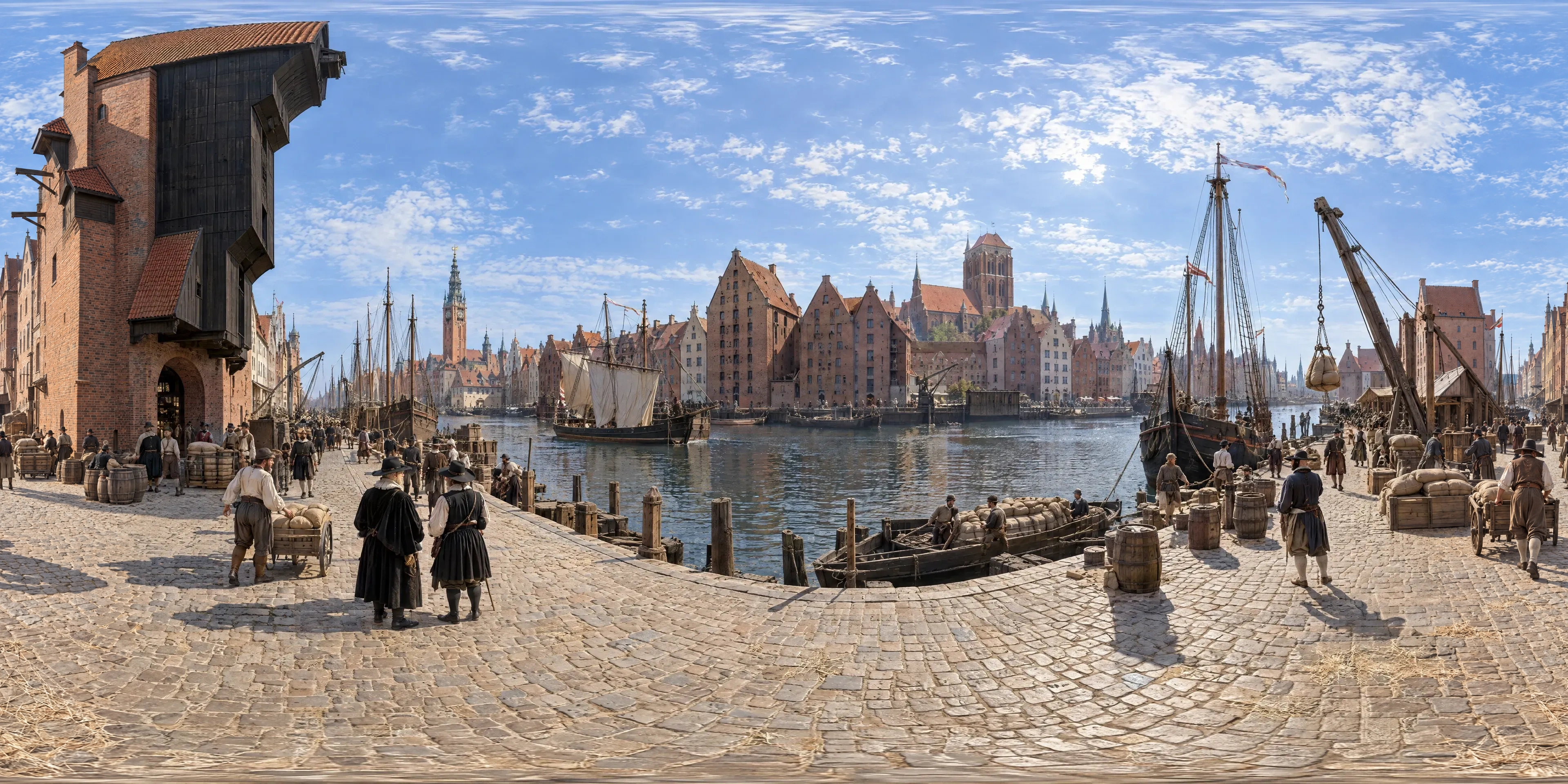 Panoramic scene depicting The Crane on the Motława, Gdańsk (1620s), Long Riverside quay south of the Crane, facing Granary Island, Gdańsk.