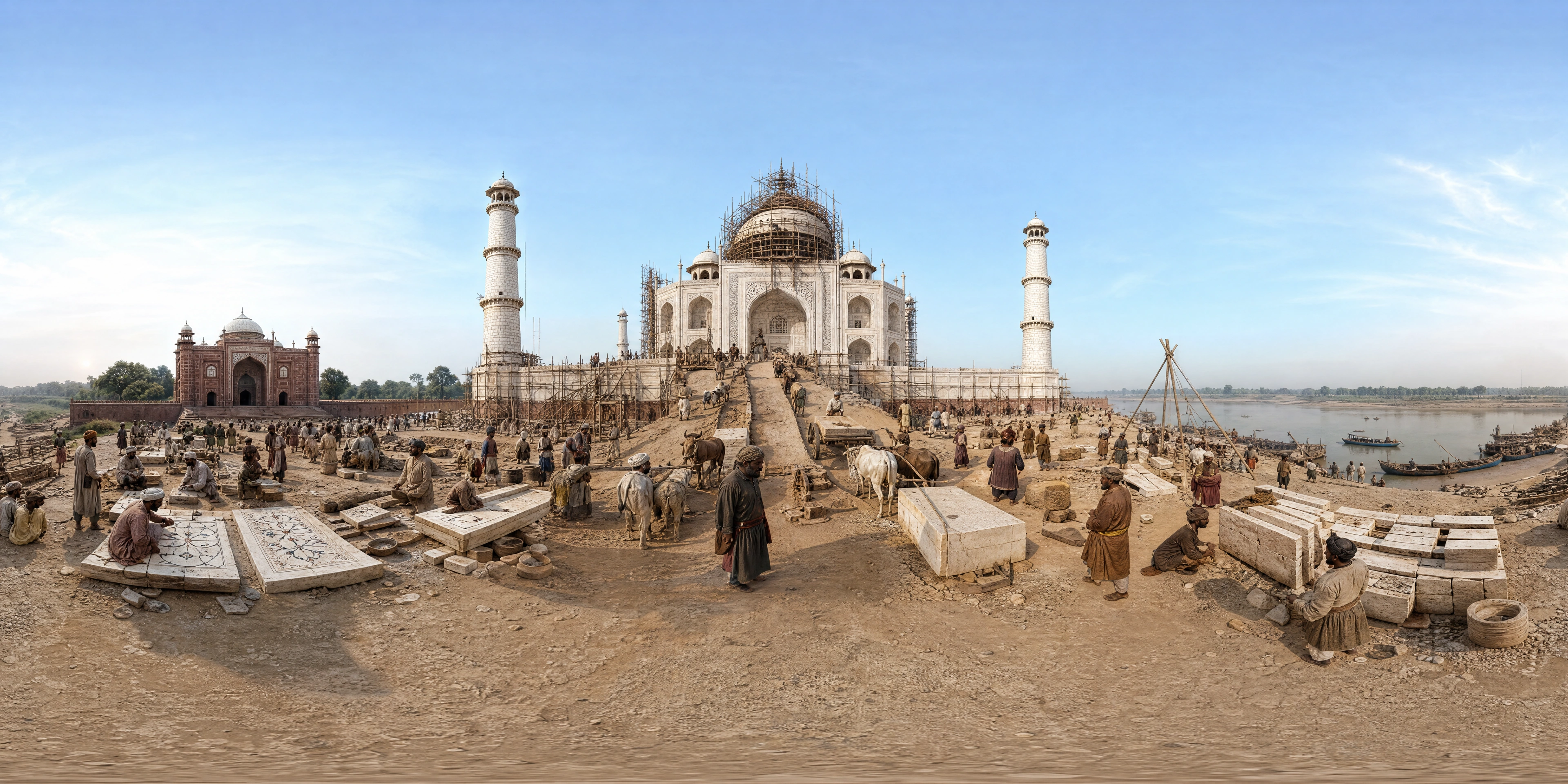 Panoramic scene depicting Taj Mahal under construction, Agra (1640s), Taj Mahal, Agra.