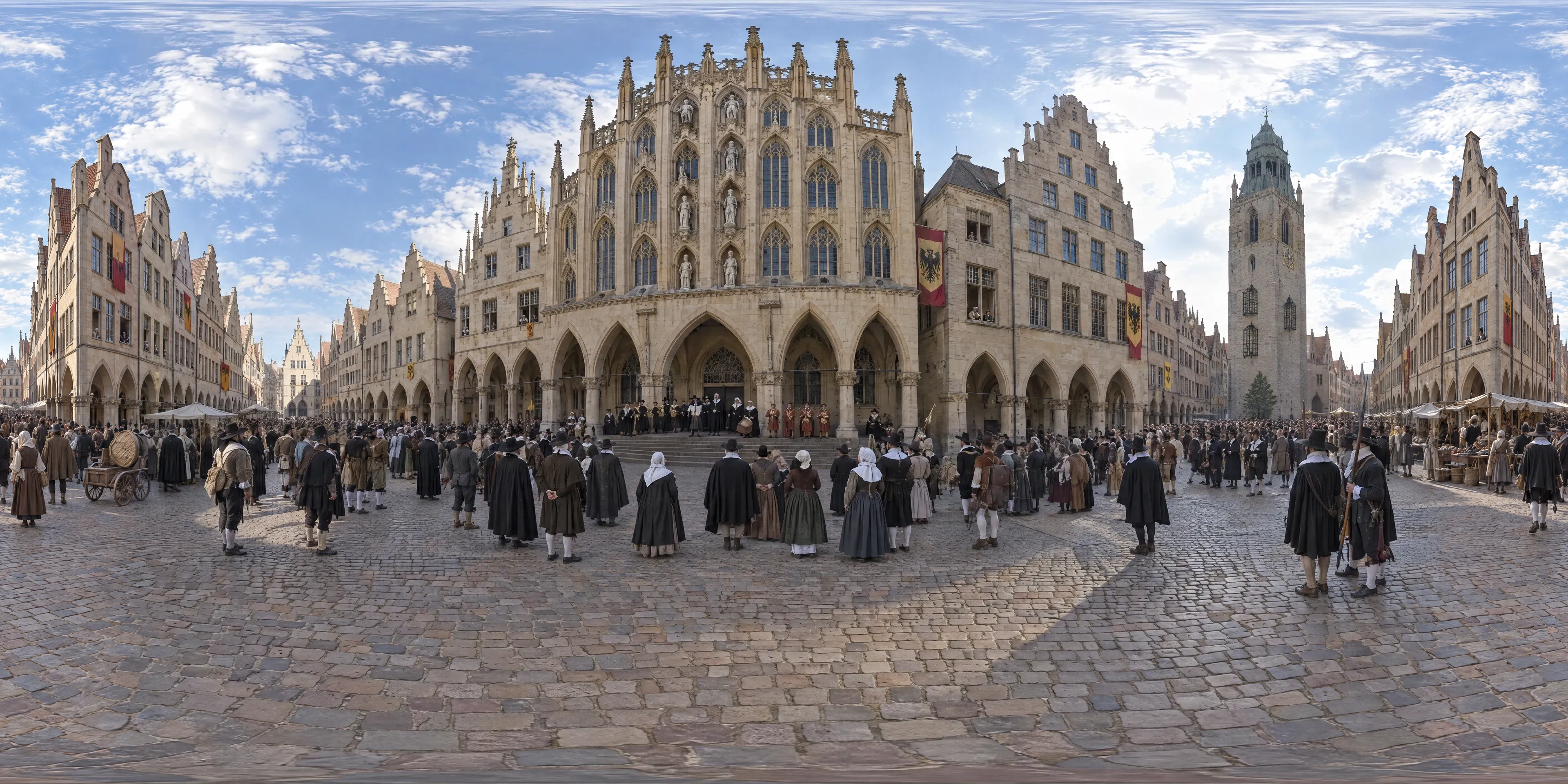 Panoramic scene depicting Town Hall on the Prinzipalmarkt, Münster (1648), Prinzipalmarkt in front of the Gothic town hall, Münster, Westphalia.
