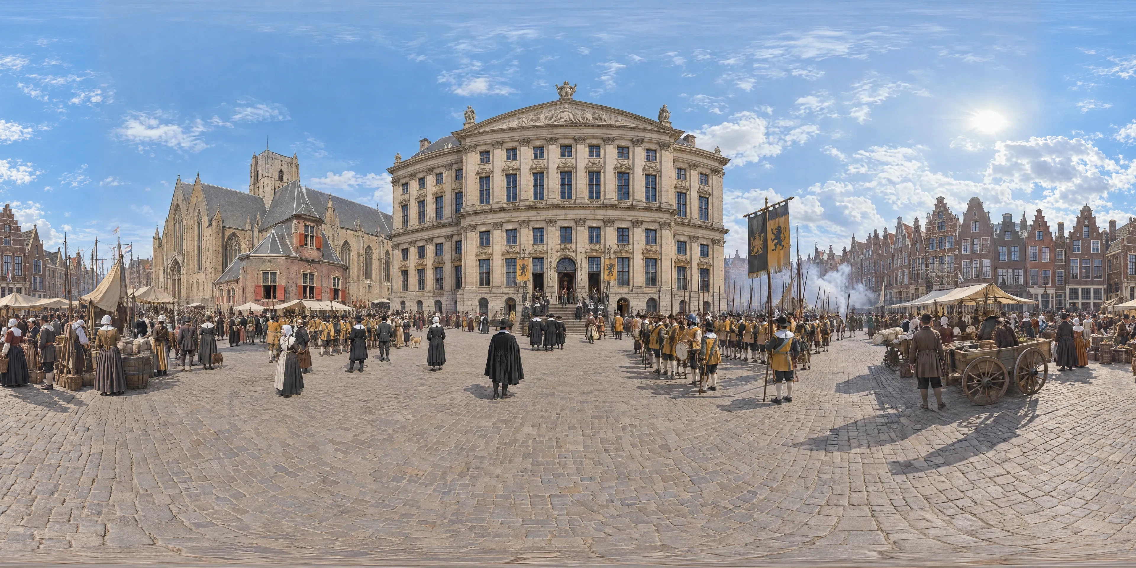 Panoramic scene depicting Dam Square and the New Town Hall, Amsterdam (1655), Dam Square by the Weigh House, facing the new Town Hall, Amsterdam.