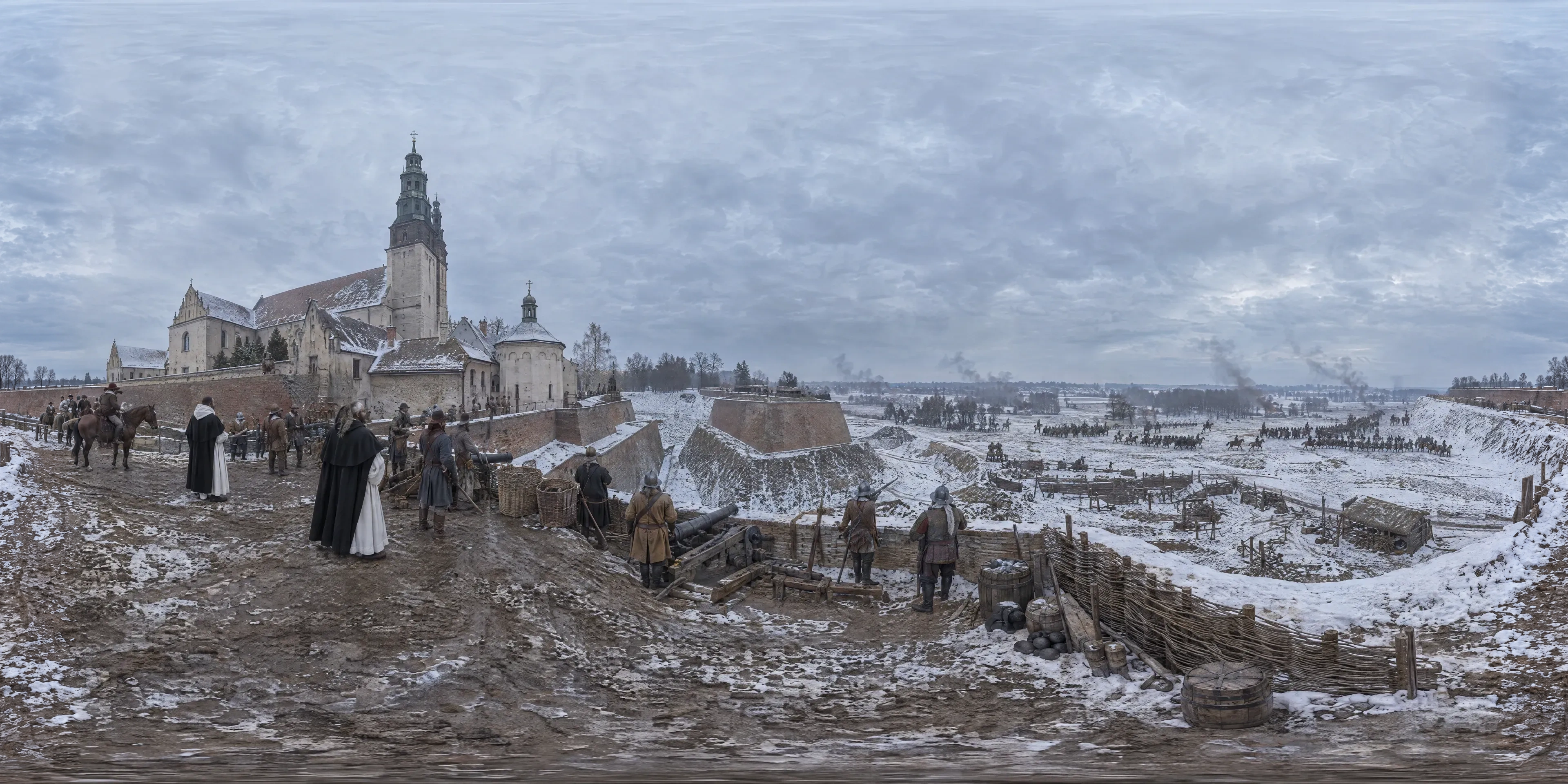 Panoramic scene depicting Jasna Góra, Częstochowa (1655), East rampart of the fortified Pauline monastery, looking over the abandoned Swedish siege lines, Częstochowa.