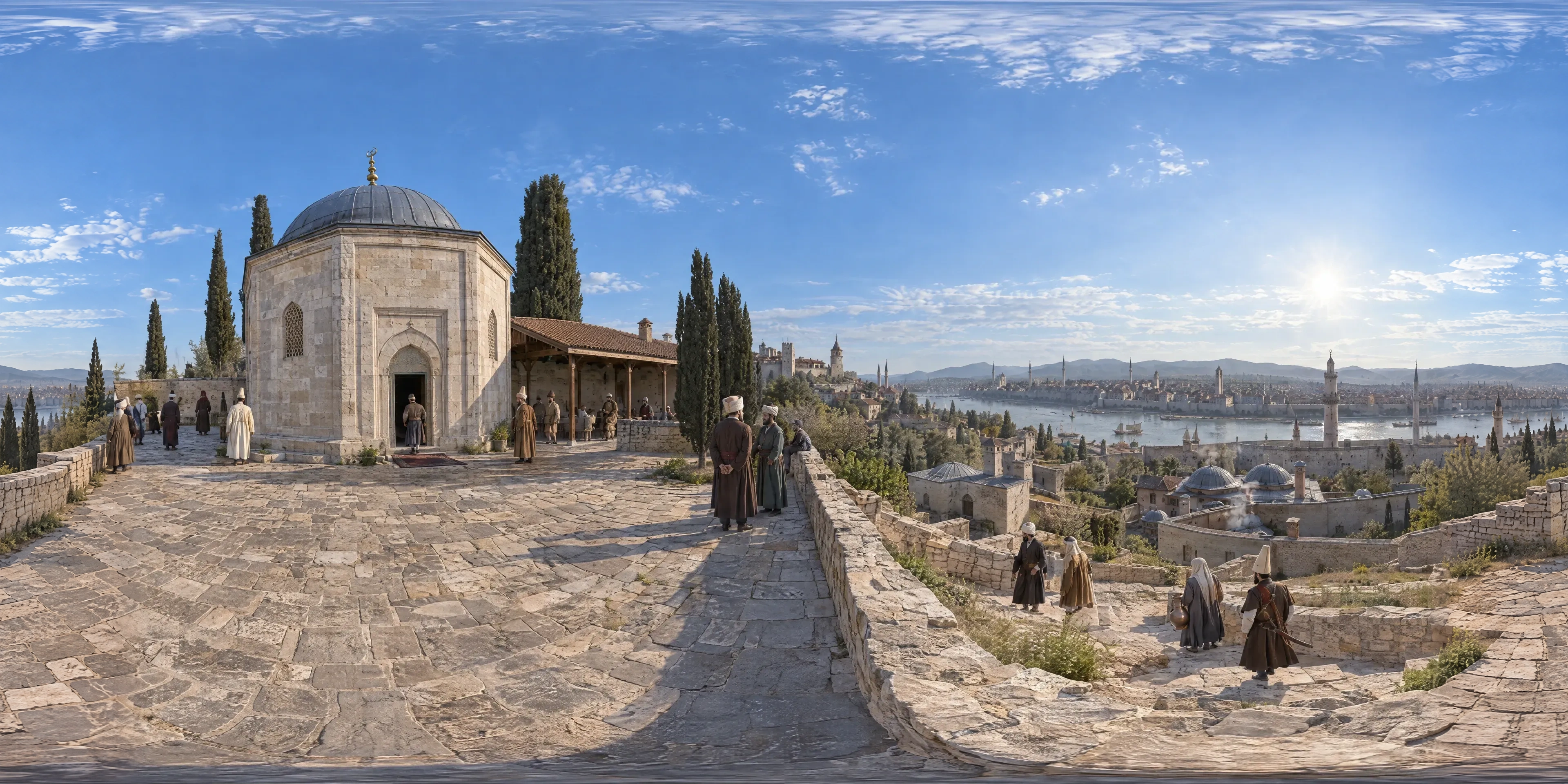 Panoramic scene depicting Tomb of Gül Baba, Buda (1660s), Terrace of Gül Baba's tomb on the hillside above Buda (Rózsadomb, Budapest).