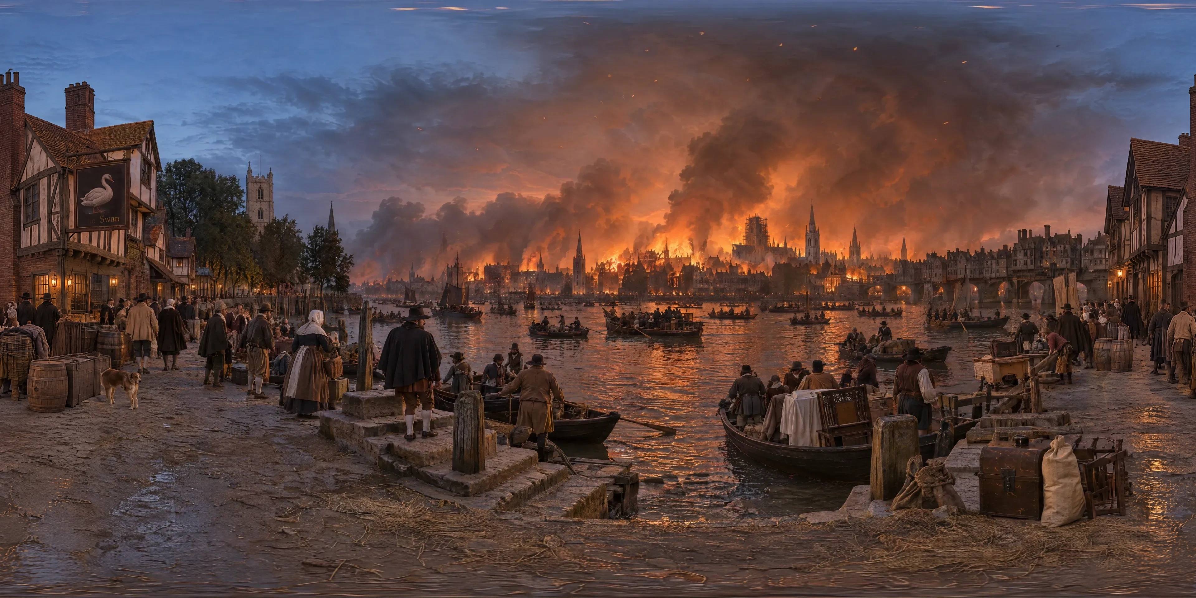 Panoramic scene depicting Bankside, Southwark (1666), Bankside river stairs opposite the Three Cranes wharf, Southwark, facing the burning City of London.